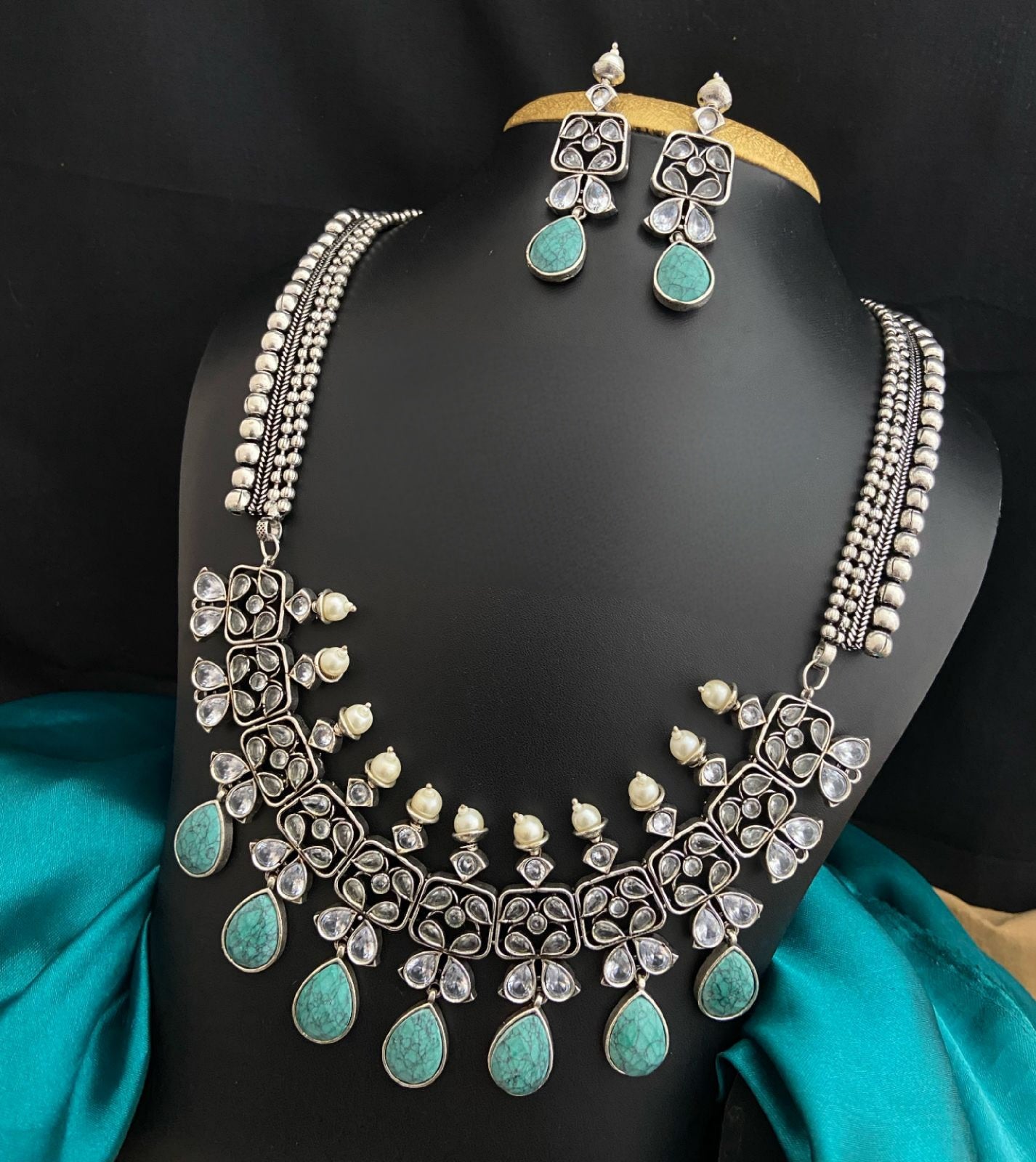 Premium Quality German Silver Long Necklace set | Indian Wedding Jewelry | Indian Bollywood Style Fashion Wedding Silver Plated Necklace Earrings Party Jewelry Set