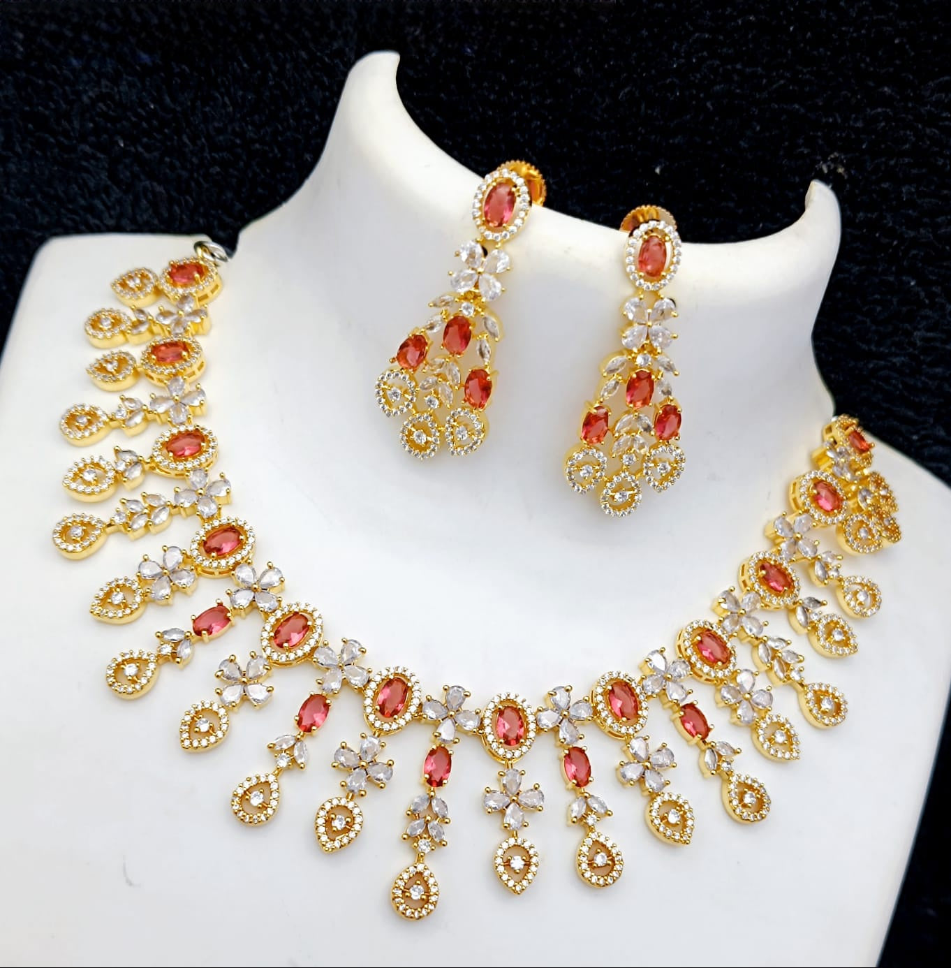 Exclusive Design American Diamond Gold tone necklace Earring set | Blue Sapphire CZ Wedding Jewelry necklace set | Baby Pink CZ Diamond Indian Jewelry