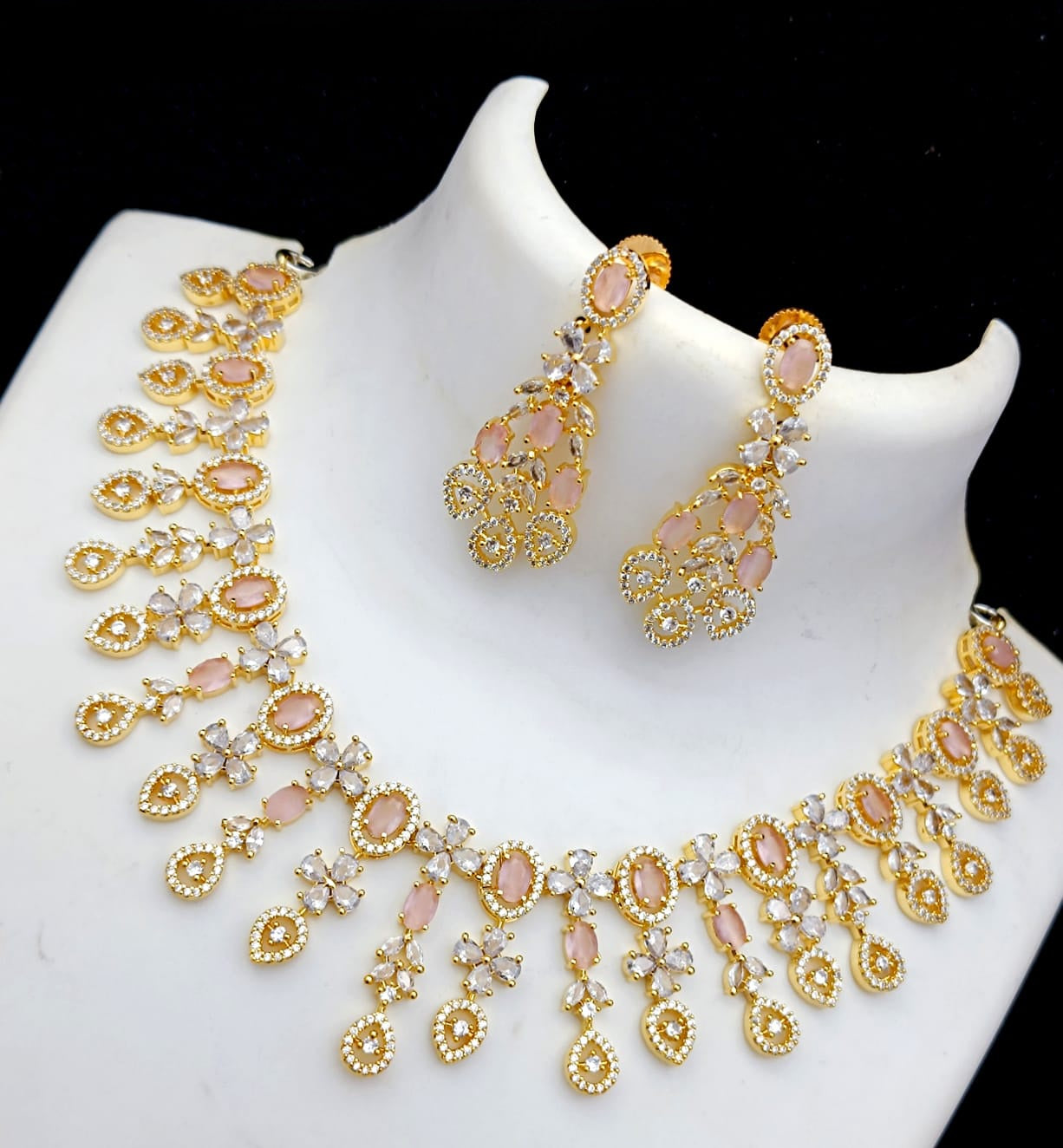 Exclusive Design American Diamond Gold tone necklace Earring set | Blue Sapphire CZ Wedding Jewelry necklace set | Baby Pink CZ Diamond Indian Jewelry