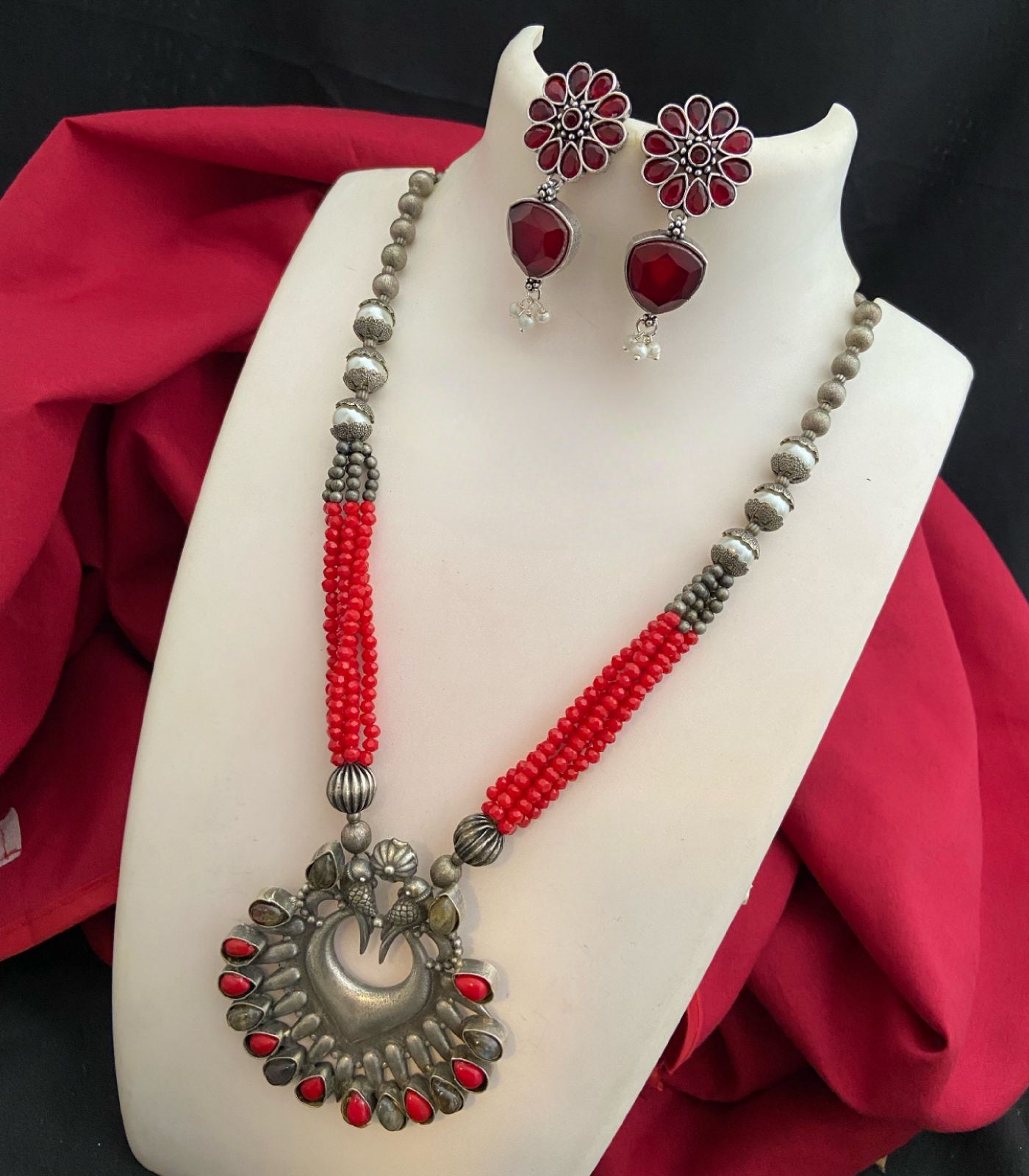 Indian Oxidized Silver tone necklace Earring set | Tribal silver Necklace | Antique Tibetan Silver Pendant beaded necklace