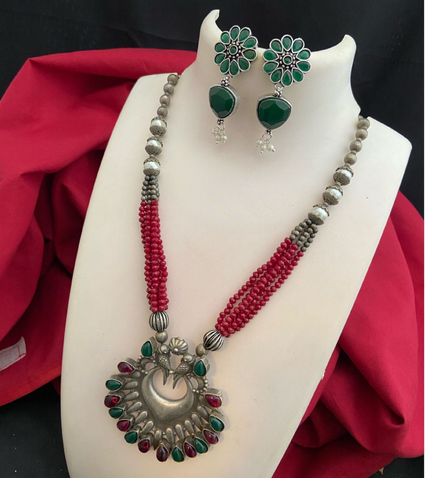 Indian Oxidized Silver tone necklace Earring set | Tribal silver Necklace | Antique Tibetan Silver Pendant beaded necklace