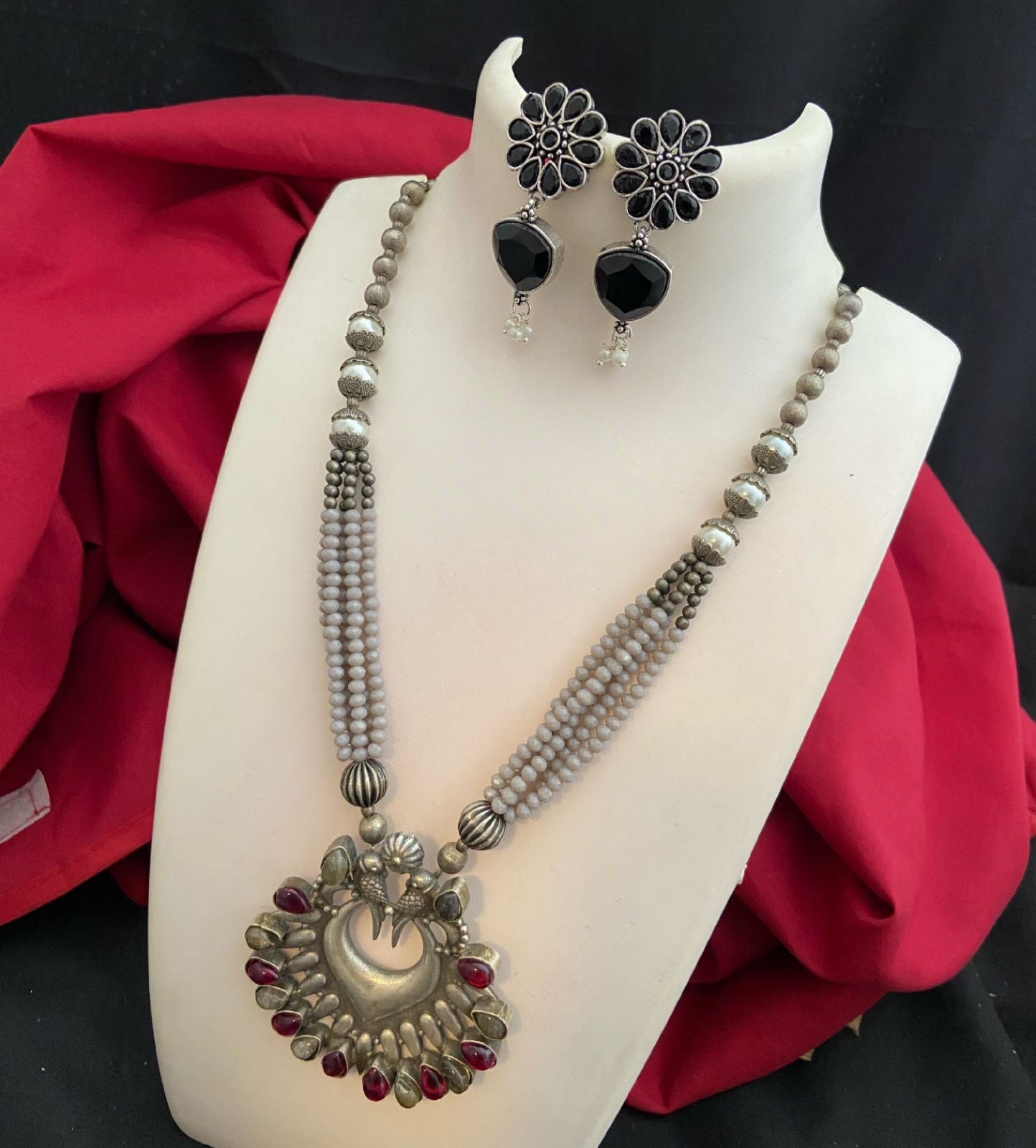 Indian Oxidized Silver tone necklace Earring set | Tribal silver Necklace | Antique Tibetan Silver Pendant beaded necklace