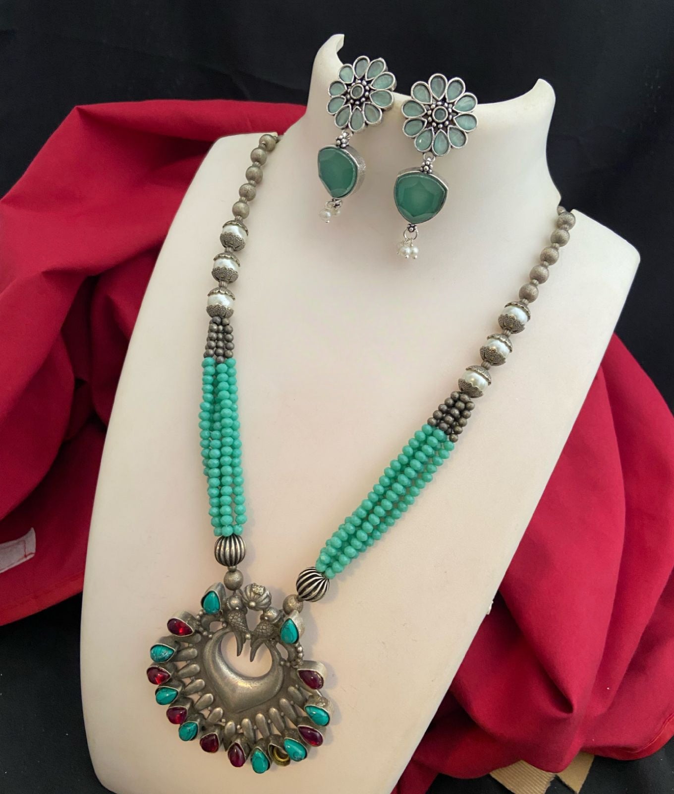 Indian Oxidized Silver tone necklace Earring set | Tribal silver Necklace | Antique Tibetan Silver Pendant beaded necklace
