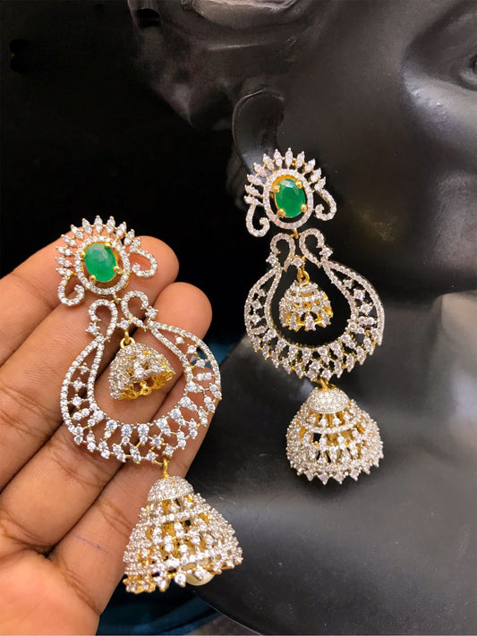 Gorgeous Chandbali Long Jhumka Earrings | South Indian Style CZ stone Jhumka | Bollywood Earrings | Pakistani style Jhumka | Party Earrings