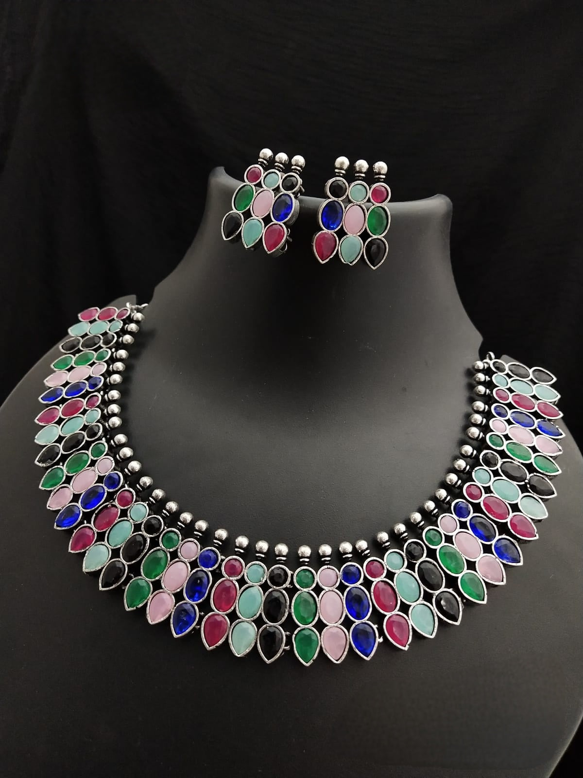 German Silver Oxidized Choker Necklace Earring set | Indian Jewelry Oxidized necklace with color stones | Traditional Antique Wedding jewelry