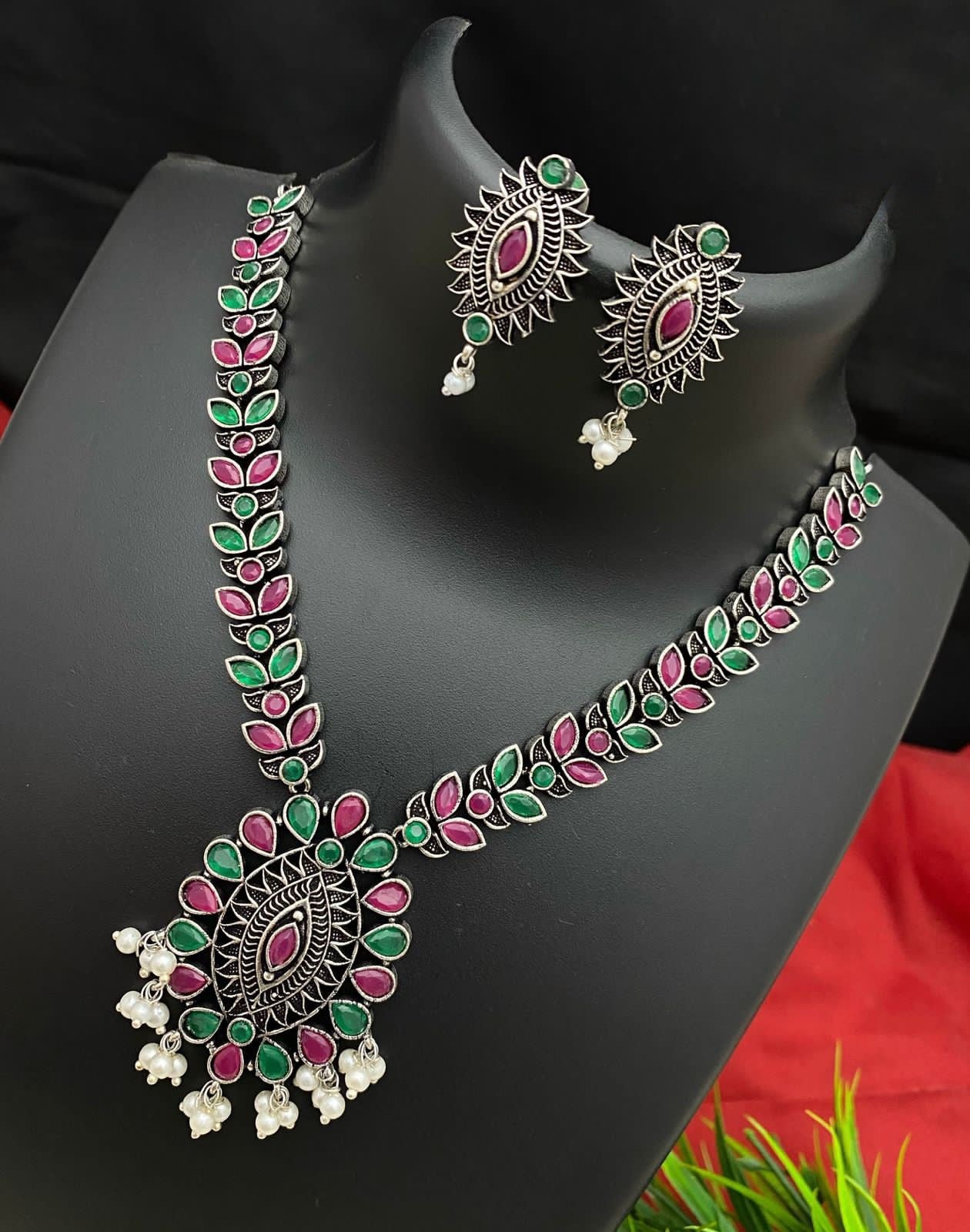 Oxidized German Silver-color stone necklaces | Indian Style Tribal ethnic Oxidized silver necklace with Earrings | Light weight Ruby stone Bollywood style Silver Antique necklace