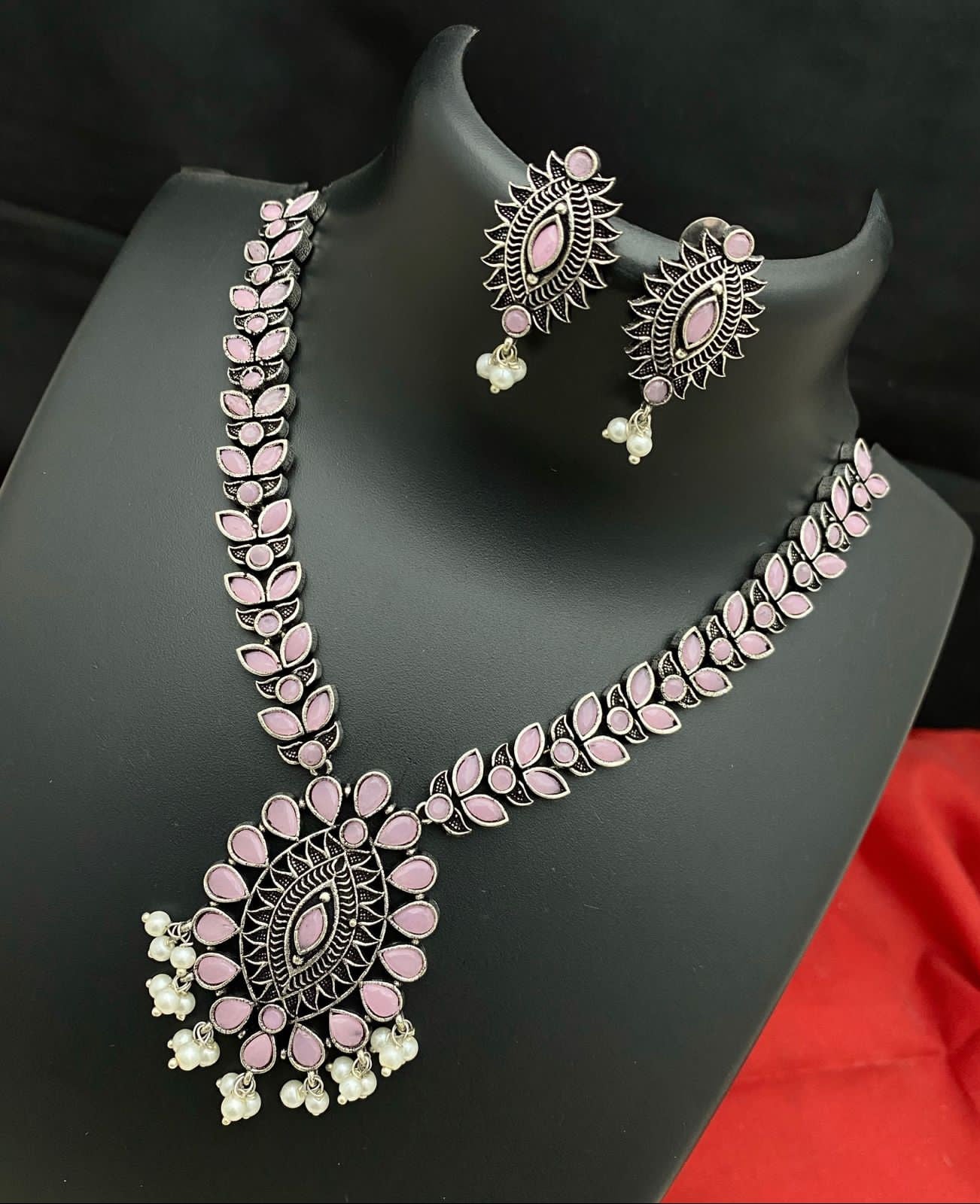 Oxidized German Silver-color stone necklaces | Indian Style Tribal ethnic Oxidized silver necklace with Earrings | Light weight Ruby stone Bollywood style Silver Antique necklace