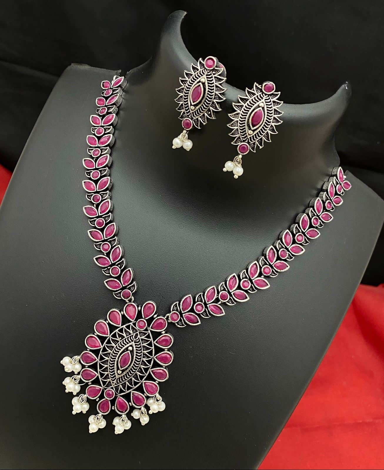 Oxidized German Silver-color stone necklaces | Indian Style Tribal ethnic Oxidized silver necklace with Earrings | Light weight Ruby stone Bollywood style Silver Antique necklace