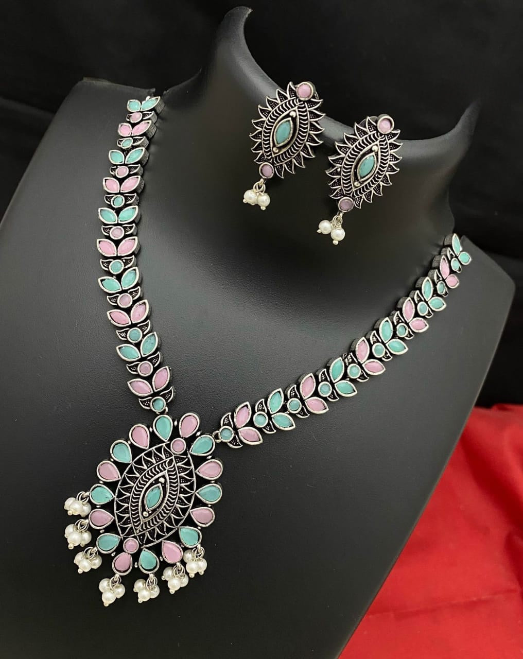 Oxidized German Silver-color stone necklaces | Indian Style Tribal ethnic Oxidized silver necklace with Earrings | Light weight Ruby stone Bollywood style Silver Antique necklace