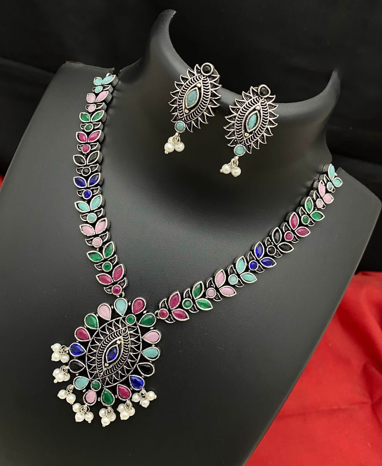 Oxidized German Silver-color stone necklaces | Indian Style Tribal ethnic Oxidized silver necklace with Earrings | Light weight Ruby stone Bollywood style Silver Antique necklace
