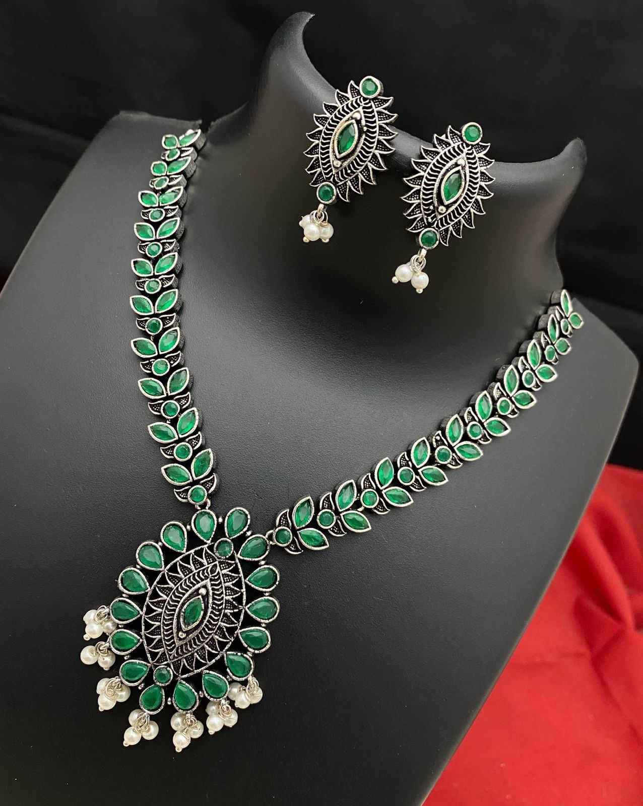 Oxidized German Silver-color stone necklaces | Indian Style Tribal ethnic Oxidized silver necklace with Earrings | Light weight Ruby stone Bollywood style Silver Antique necklace