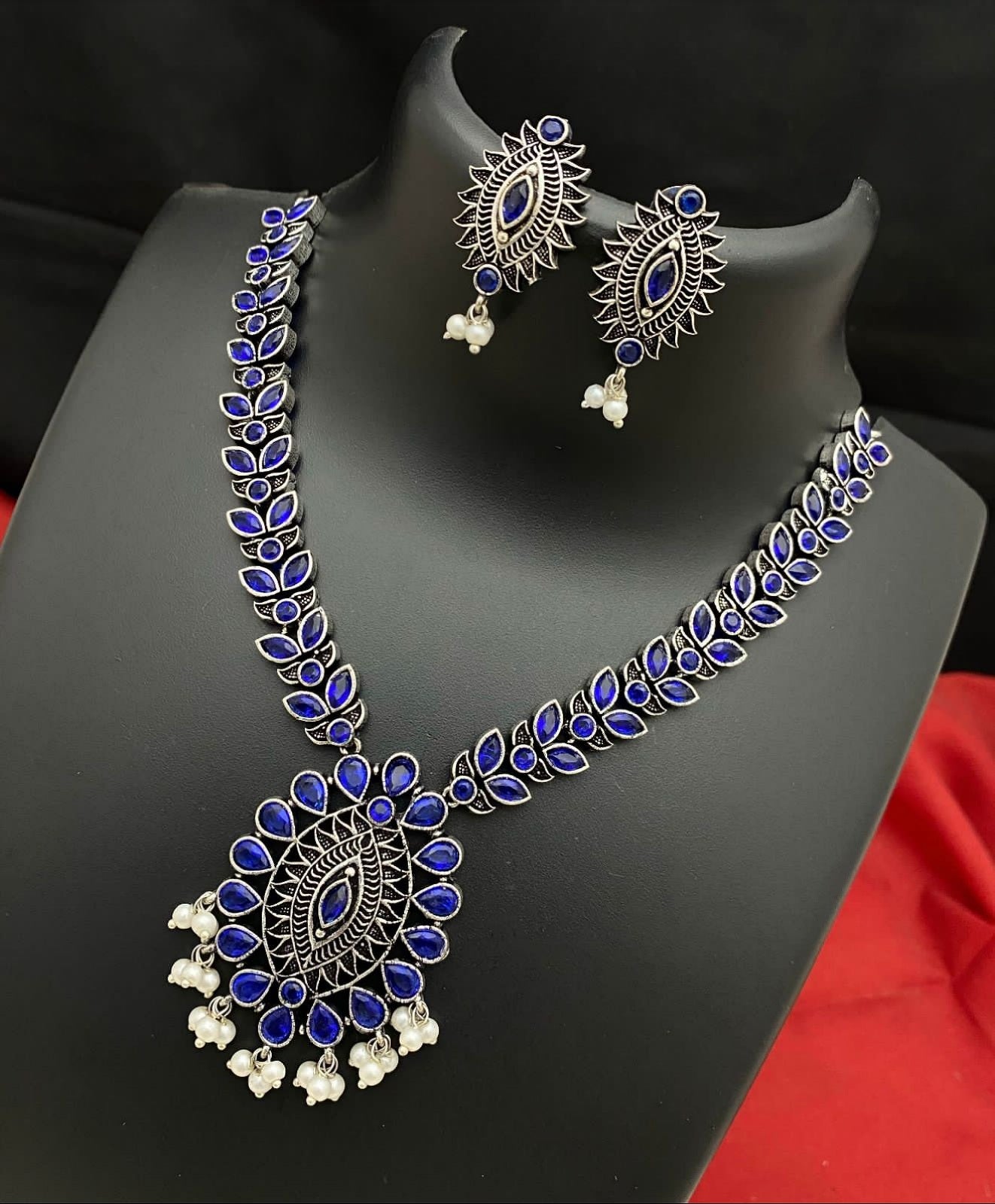 Oxidized German Silver-color stone necklaces | Indian Style Tribal ethnic Oxidized silver necklace with Earrings | Light weight Ruby stone Bollywood style Silver Antique necklace
