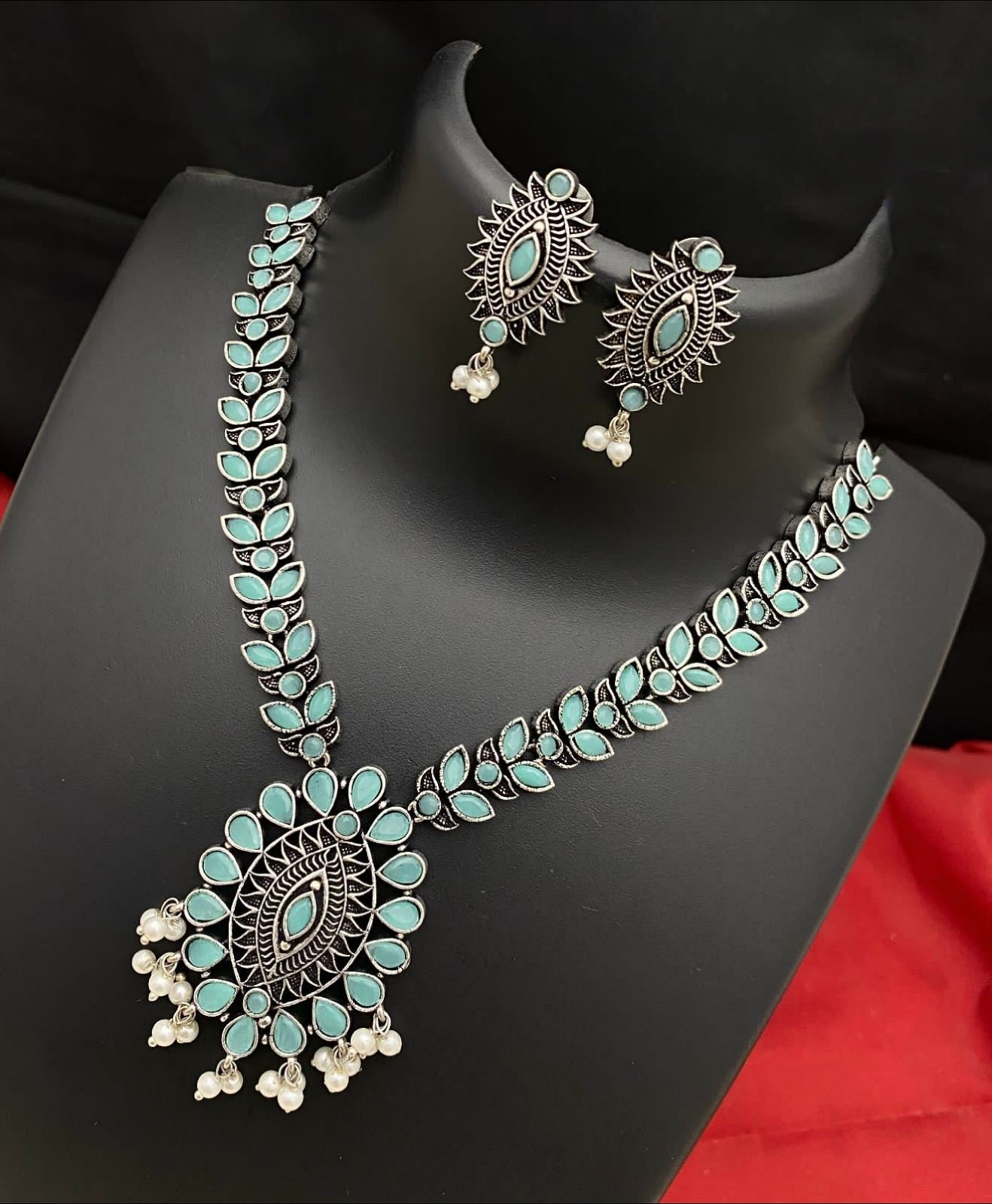 Oxidized German Silver-color stone necklaces | Indian Style Tribal ethnic Oxidized silver necklace with Earrings | Light weight Ruby stone Bollywood style Silver Antique necklace