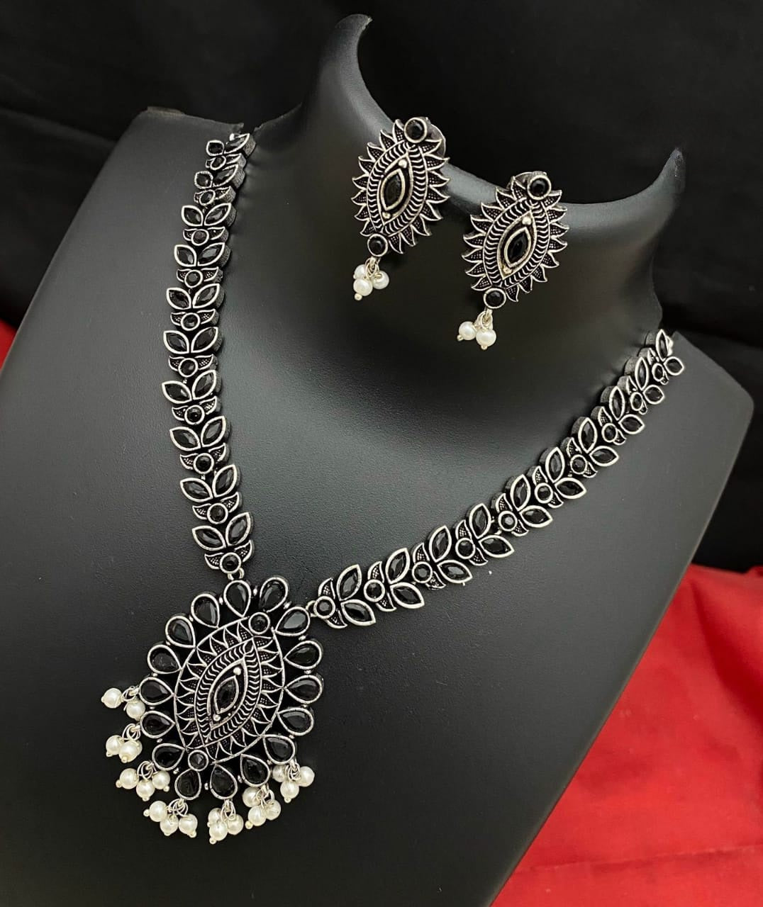 Oxidized German Silver-color stone necklaces | Indian Style Tribal ethnic Oxidized silver necklace with Earrings | Light weight Ruby stone Bollywood style Silver Antique necklace