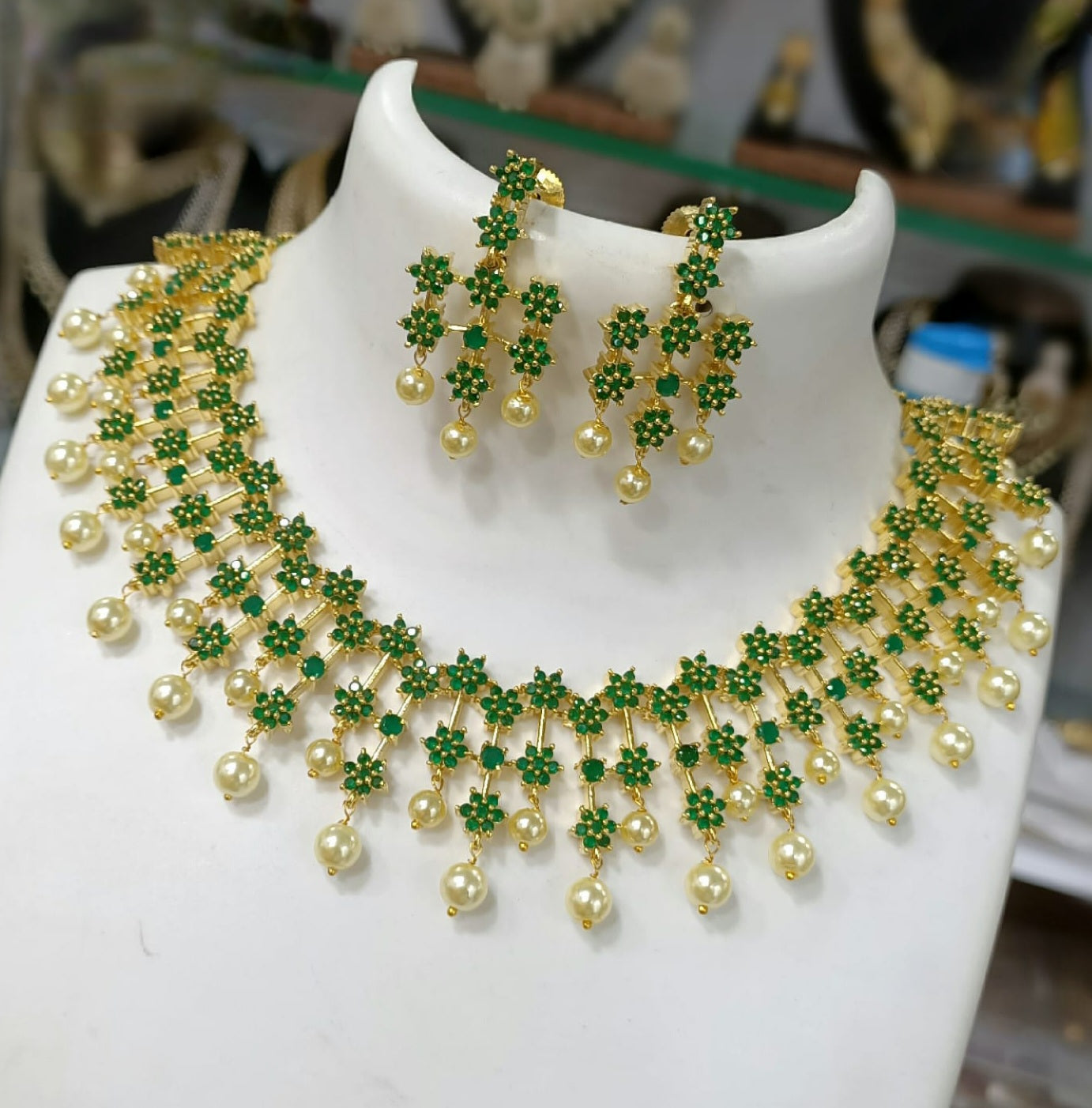 22K Gold Plated Floral Ruby Emerald American Diamond Necklace Indian Designs | CZ Color stone Crystal star necklace | Wedding Bridal Necklace Earring set