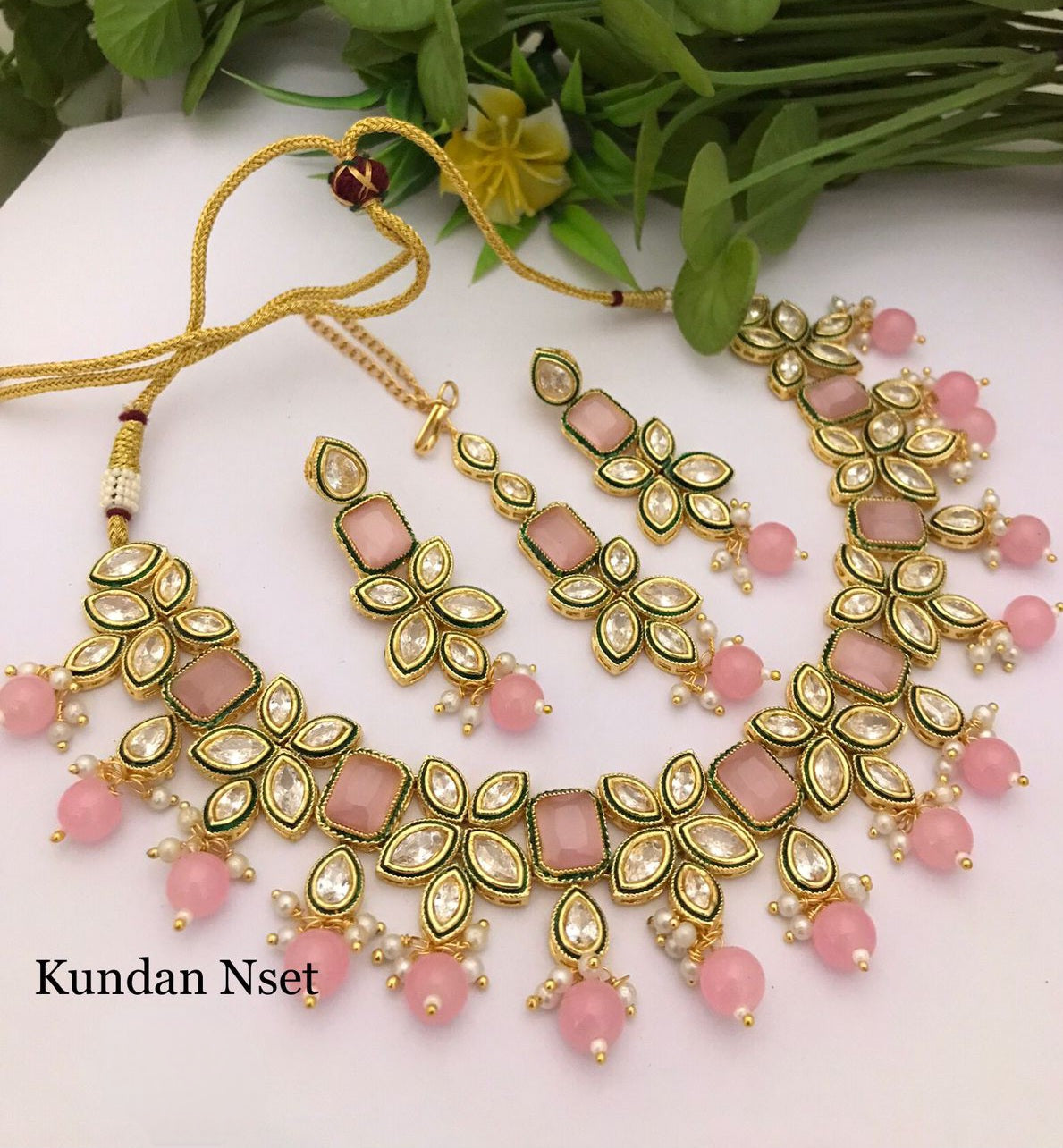 Floral Design Mint Green Gold Kundan Choker set with maang Tikka
