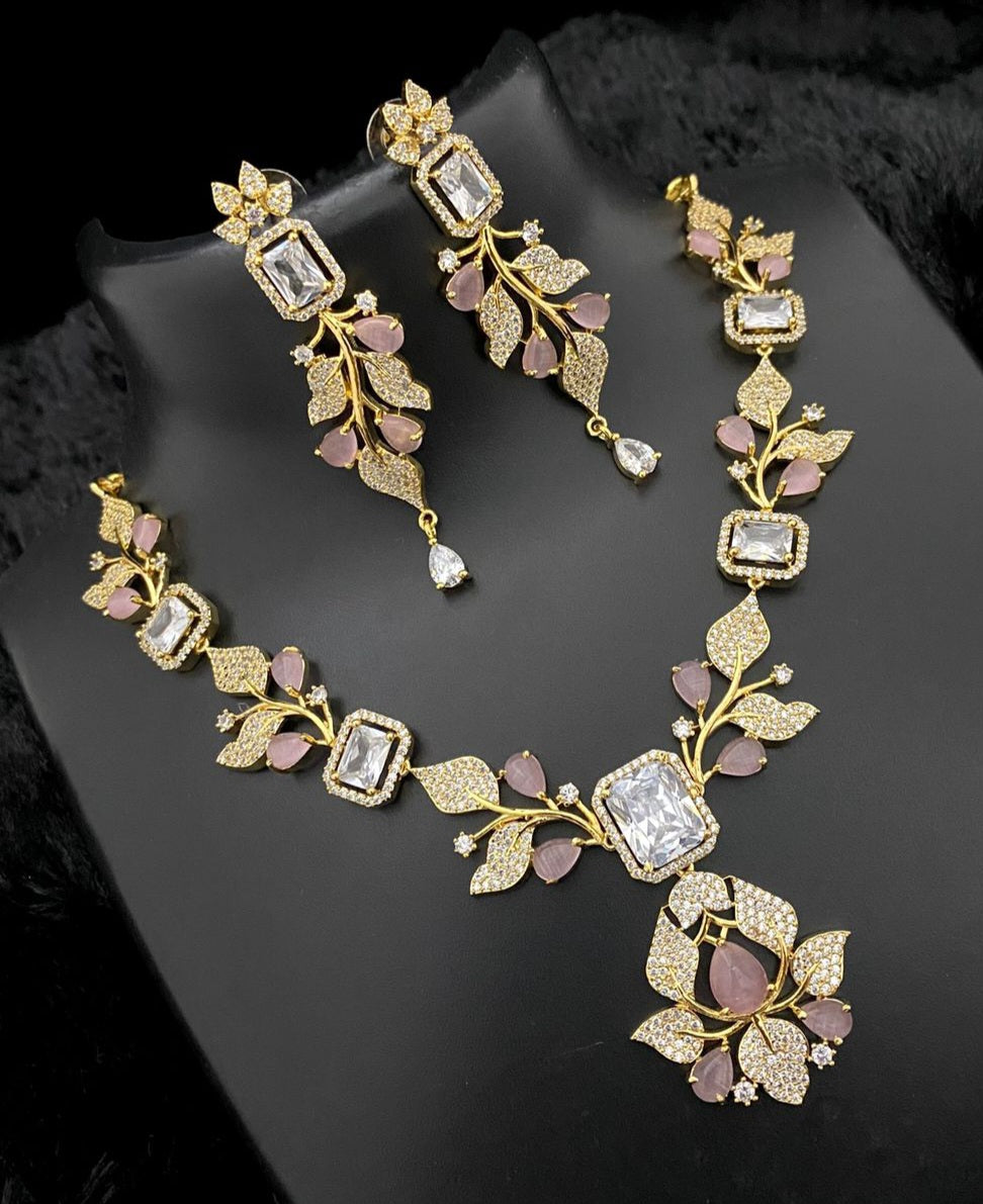 Unique Jewelry-Gold Plated American diamond flower & Leaf design necklace | Crystal necklace with Pear cut CZ Blue stones | Gift for Her