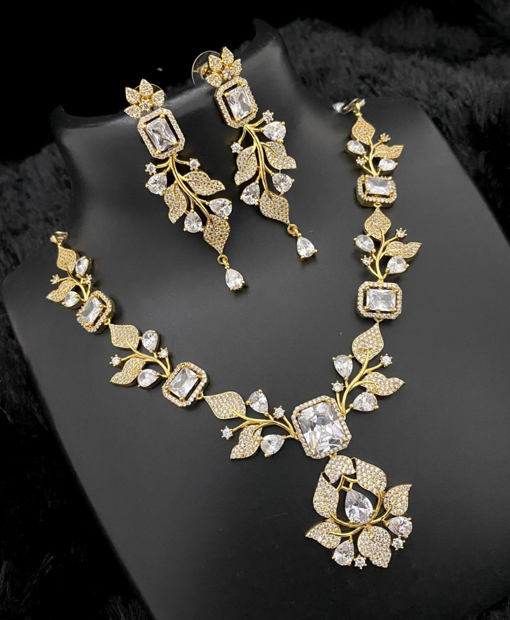 Unique Jewelry-Gold Plated American diamond flower & Leaf design necklace | Crystal necklace with Pear cut CZ Blue stones | Gift for Her