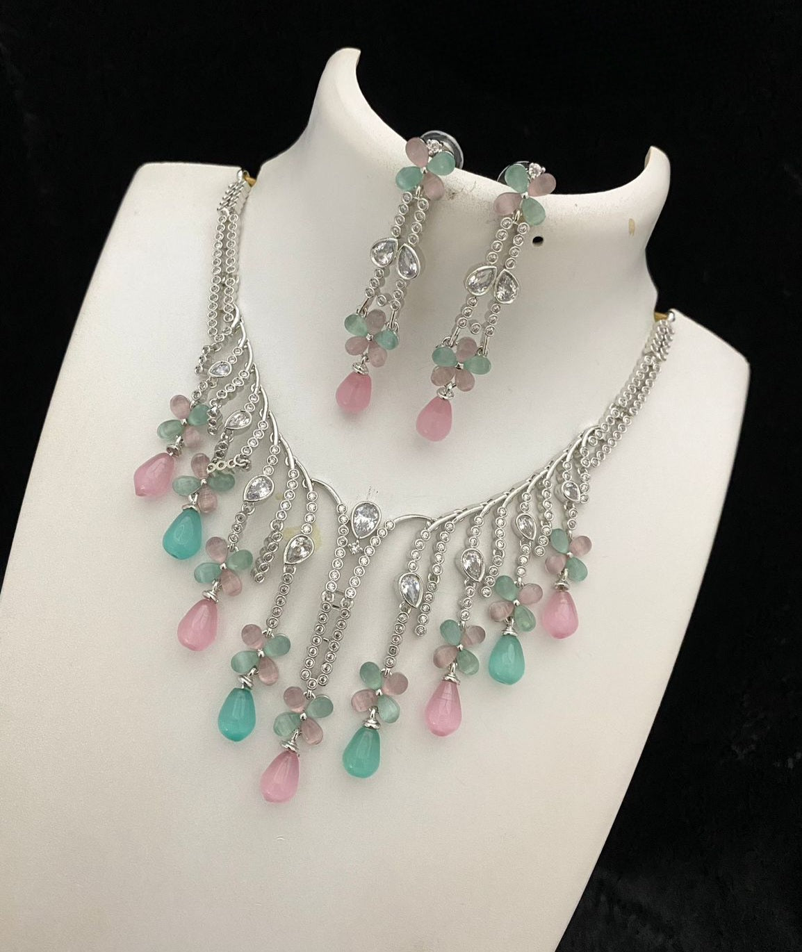 Rhodium-Silver tone American Diamond choker necklace with Dangling Color Beads | Crystal jewelry set | Indian Bollywood Jewelry|Gift for her