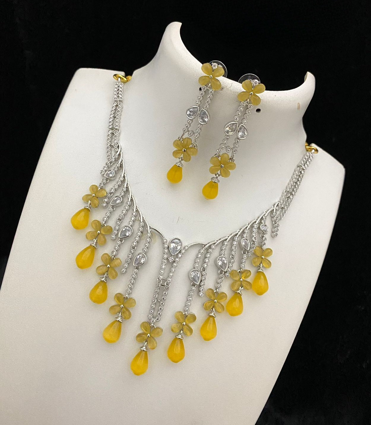Rhodium-Silver tone American Diamond choker necklace with Dangling Color Beads | Crystal jewelry set | Indian Bollywood Jewelry|Gift for her