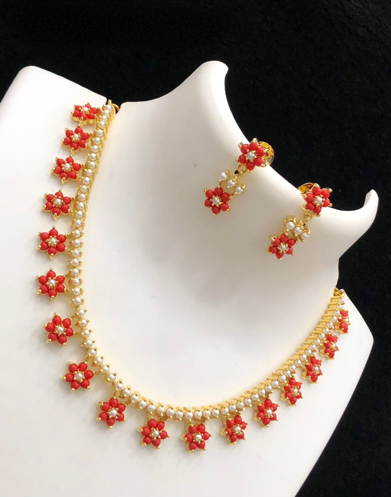 Gold Plated Floral Coral and Pearl small choker necklace Earrings | Sapphire Blue CZ stone flower necklace | Light weight Daily wear jewelry