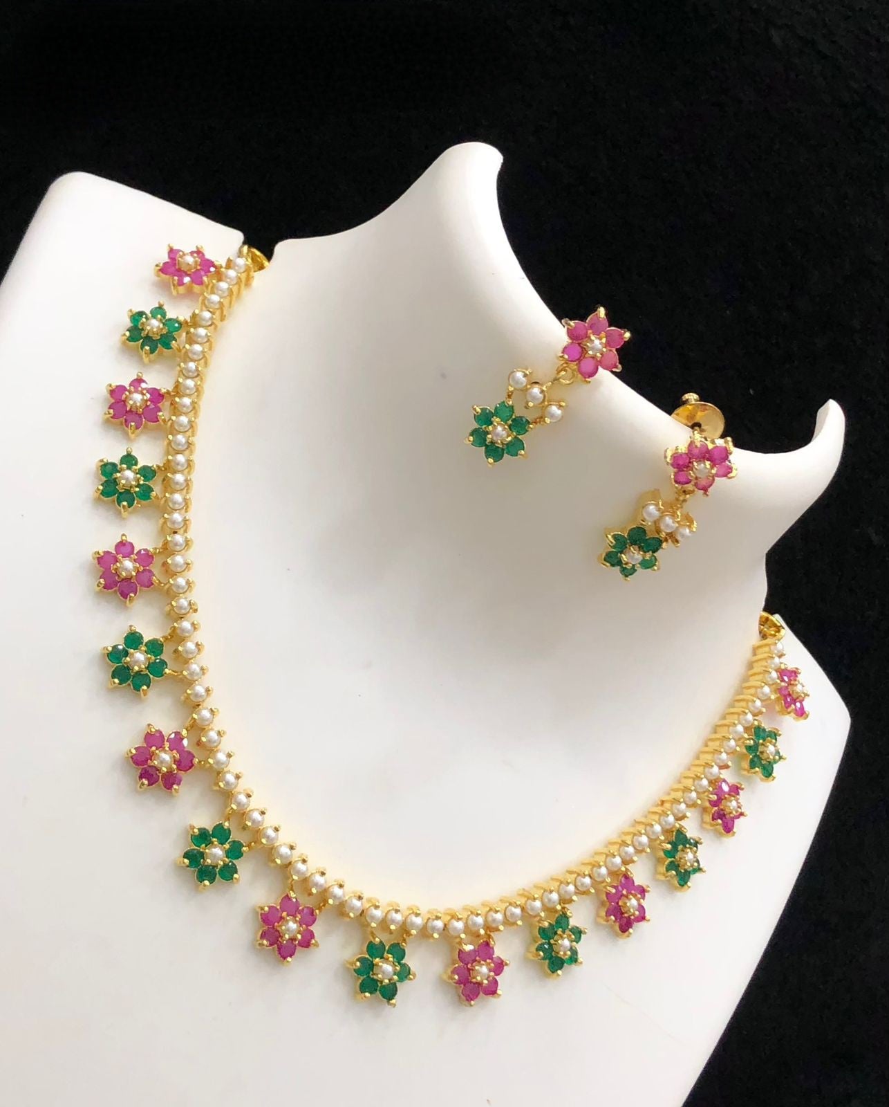 Gold Plated Floral Coral and Pearl small choker necklace Earrings | Sapphire Blue CZ stone flower necklace | Light weight Daily wear jewelry
