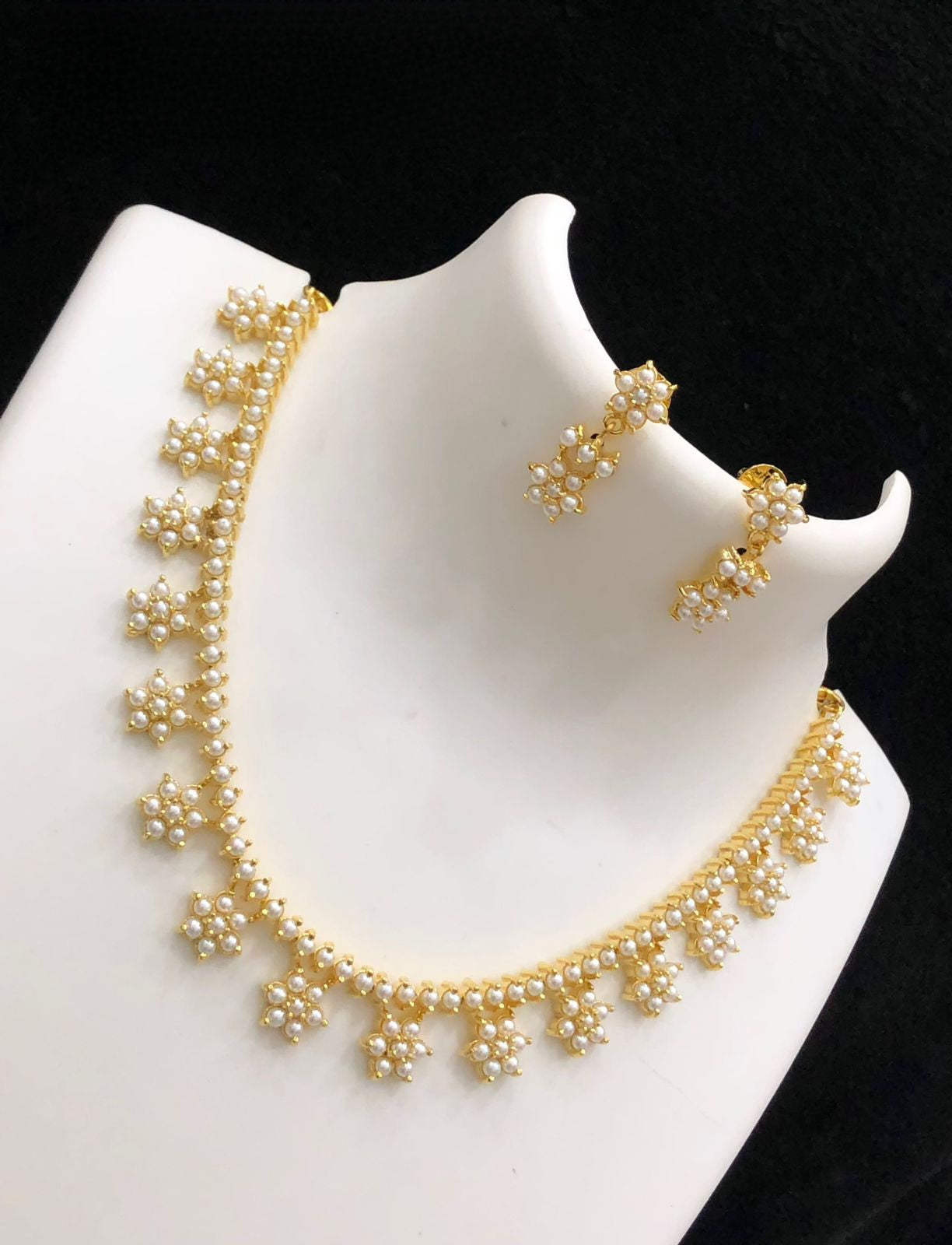 Gold Plated Floral Coral and Pearl small choker necklace Earrings | Sapphire Blue CZ stone flower necklace | Light weight Daily wear jewelry