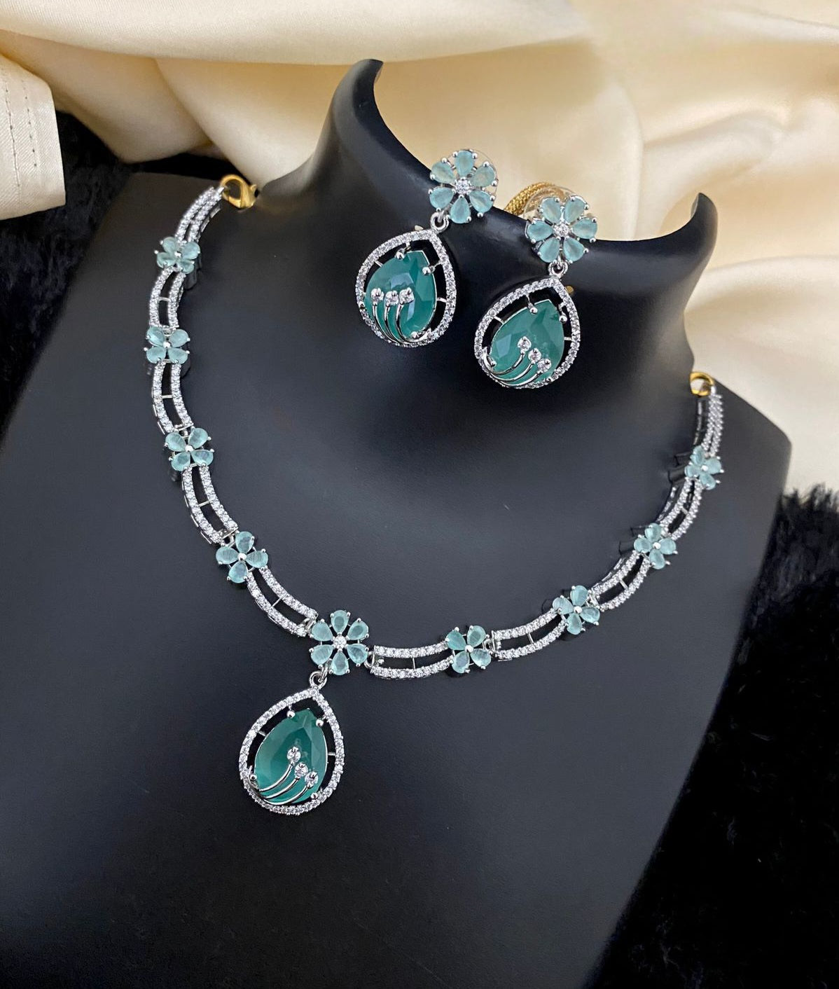 Exclusive Pink Teardrop American Diamond Silver Necklace | Mint Green AD stone necklace & Earring set | Indian Wedding jewelry |Gift for Her