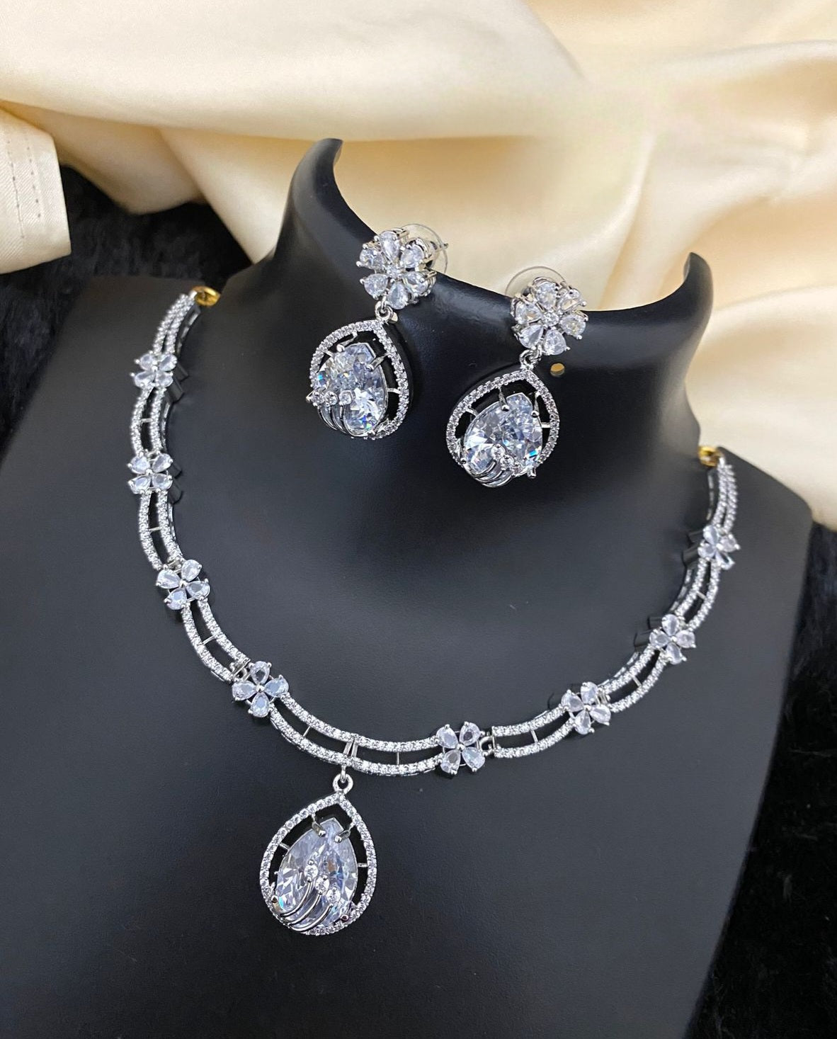 Exclusive Pink Teardrop American Diamond Silver Necklace | Mint Green AD stone necklace & Earring set | Indian Wedding jewelry |Gift for Her