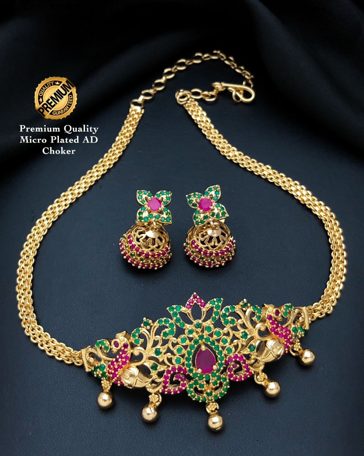 Gold Plated American Diamond South Indian style Mini choker set | One gram gold choker peacock & Floral DesignTemple jewelry | Gift for her
