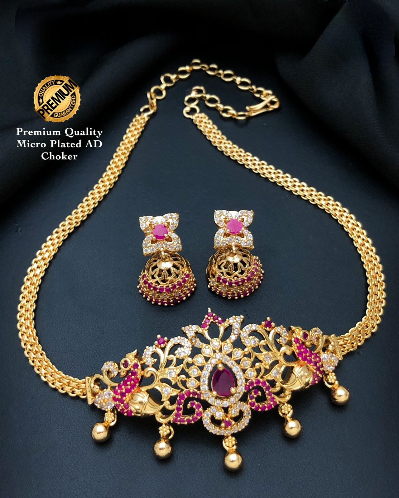 Gold Plated American Diamond South Indian style Mini choker set | One gram gold choker peacock & Floral DesignTemple jewelry | Gift for her