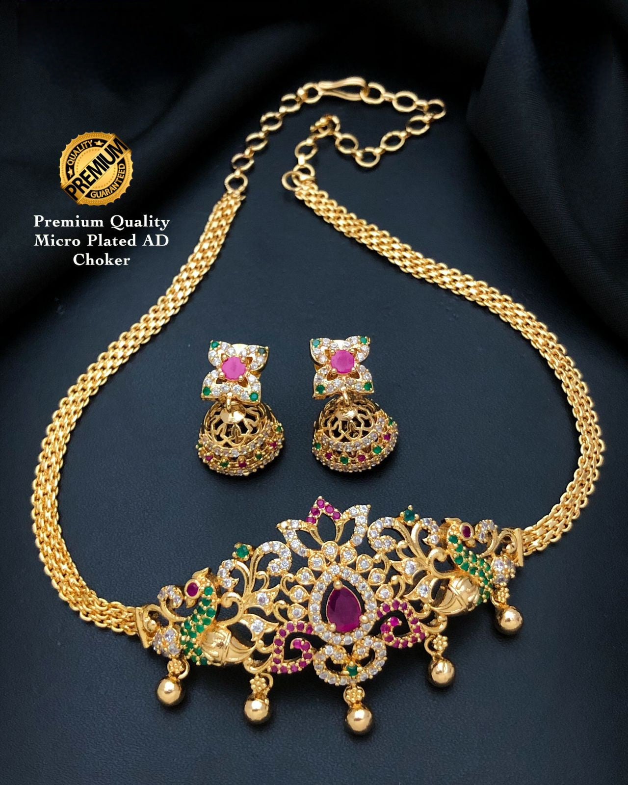 Gold Plated American Diamond South Indian style Mini choker set | One gram gold choker peacock & Floral DesignTemple jewelry | Gift for her