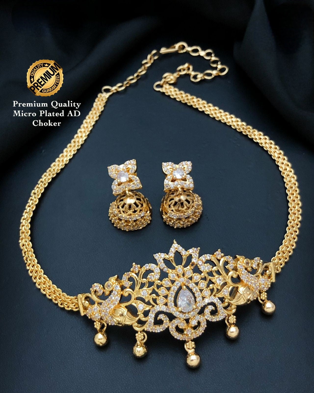 Gold Plated American Diamond South Indian style Mini choker set | One gram gold choker peacock & Floral DesignTemple jewelry | Gift for her