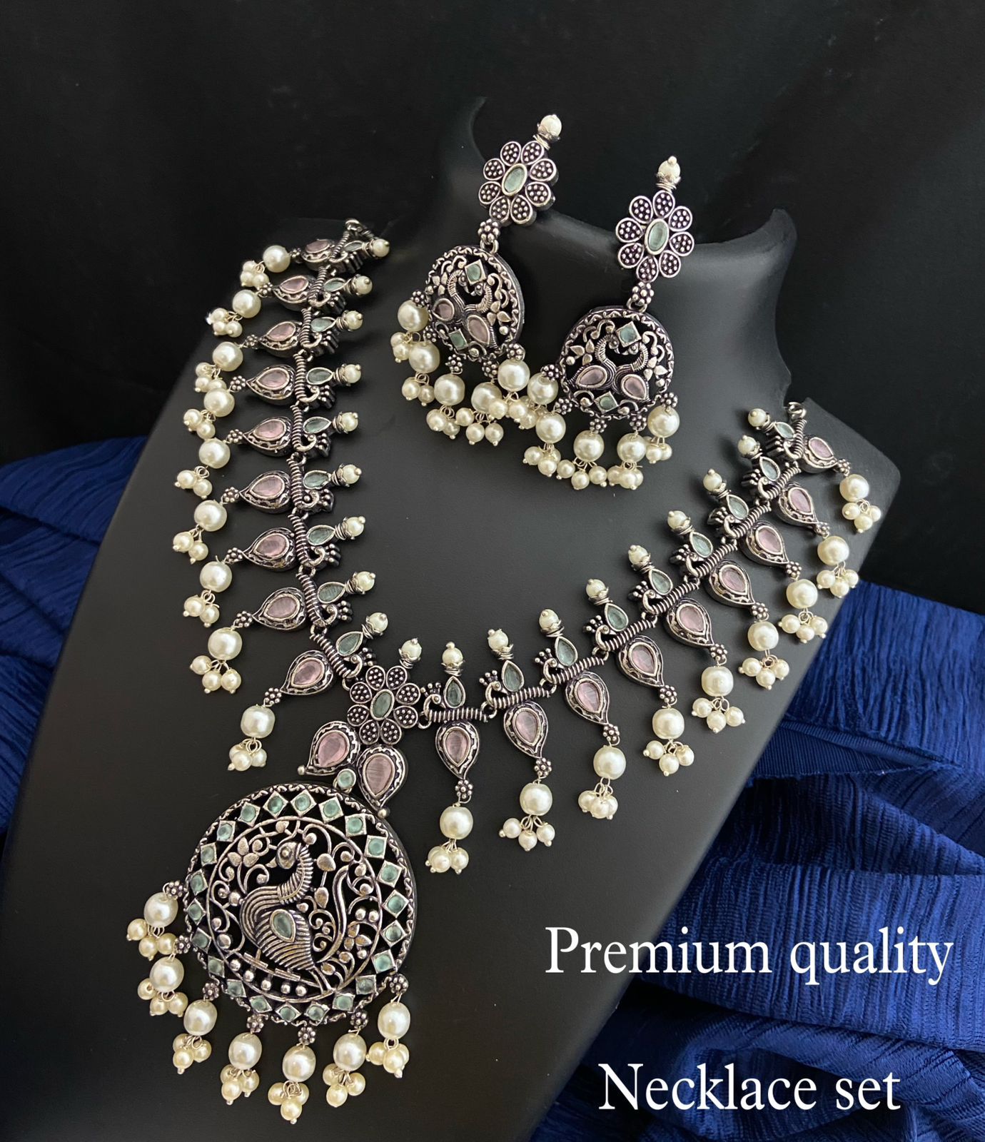 Trendy Indian Oxidized Necklace earring set with color stones | Antique look Bollywood Style German Silver Peacock Design Temple jewelry set