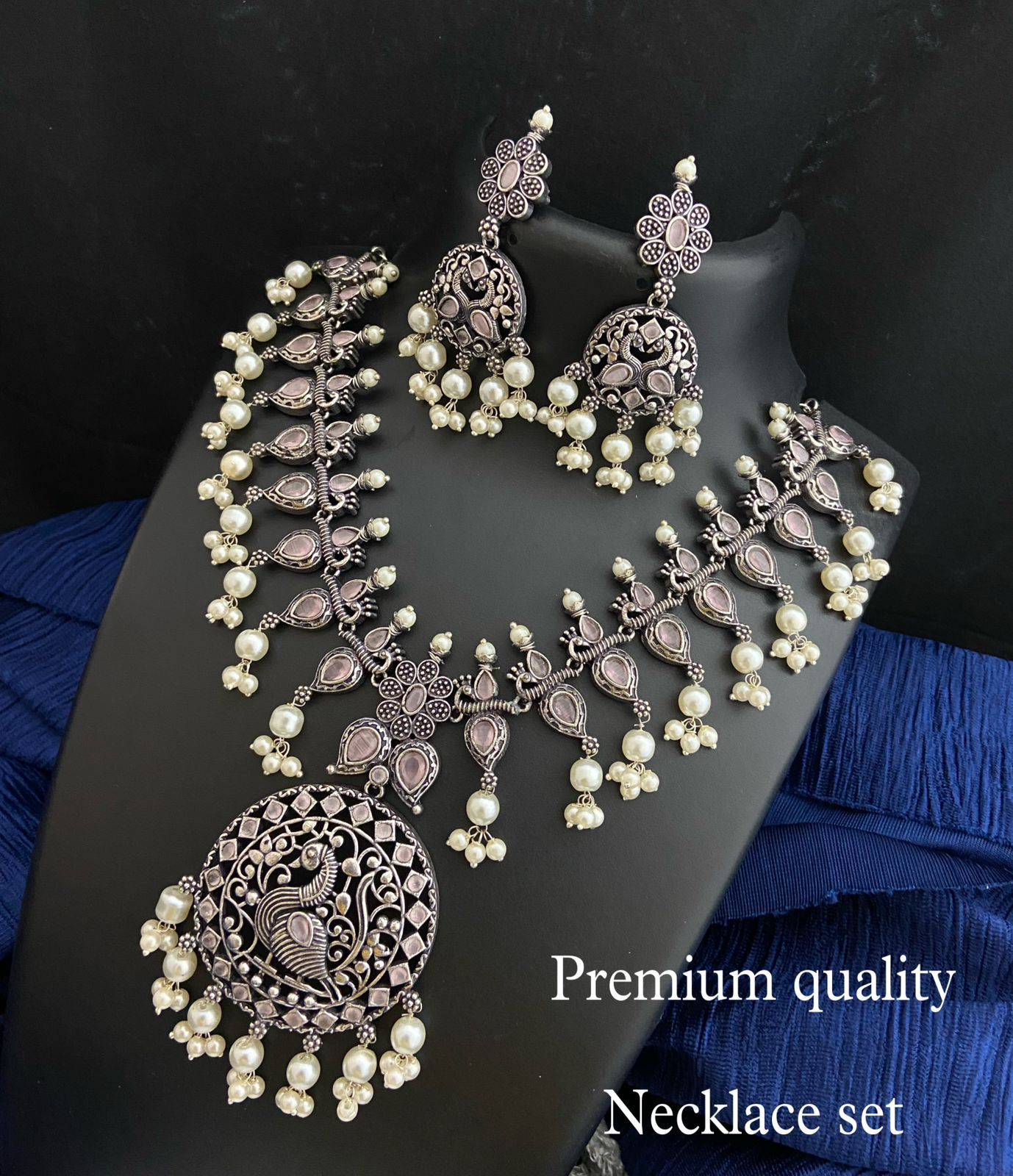 Trendy Indian Oxidized Necklace earring set with color stones | Antique look Bollywood Style German Silver Peacock Design Temple jewelry set