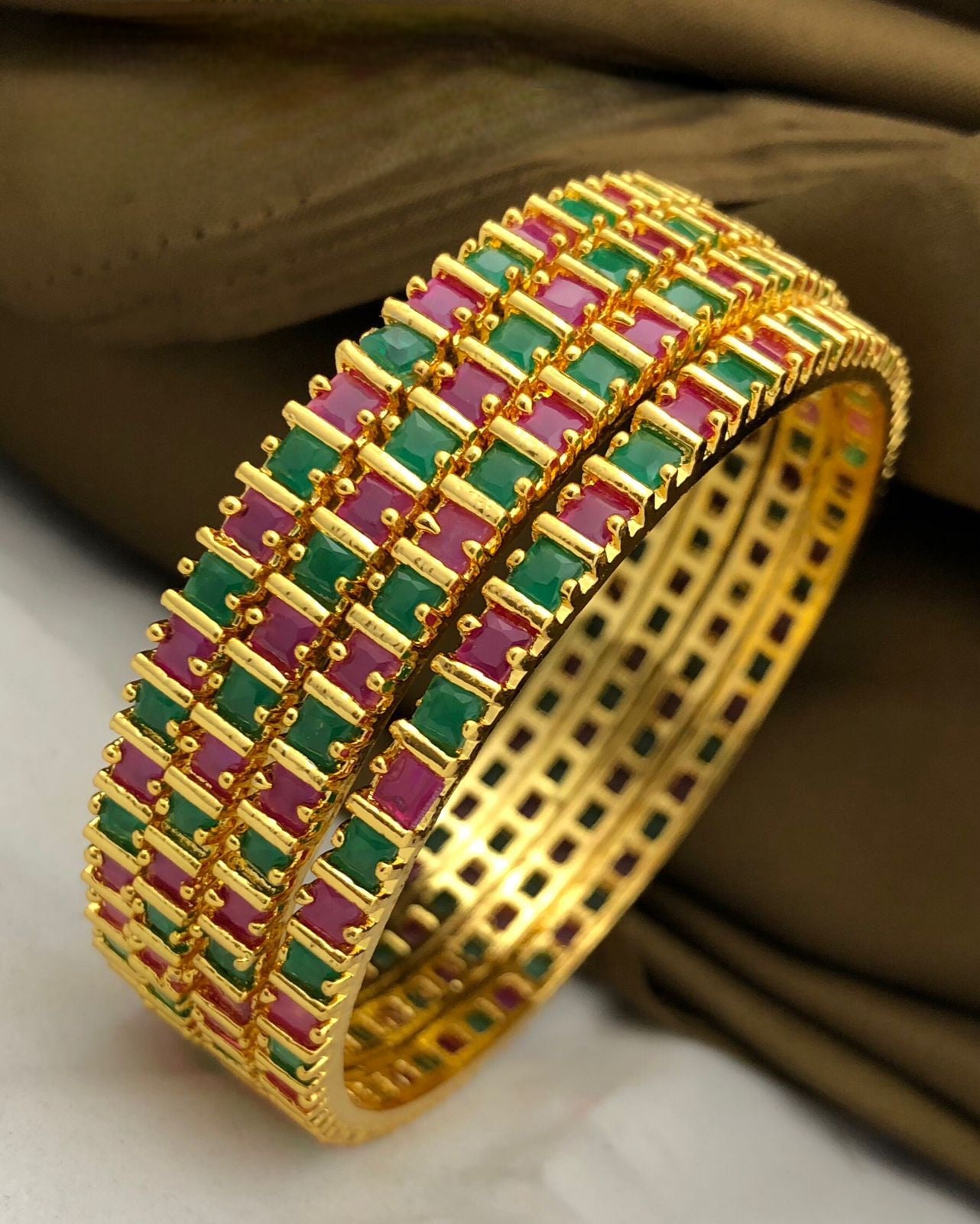 Ruby Emerald American diamond bangles set | Gold Plated Indian Bridal Bangle set of 4 | Cubic Zirconia AD stone bangles | Daily wear one gram gold bangles