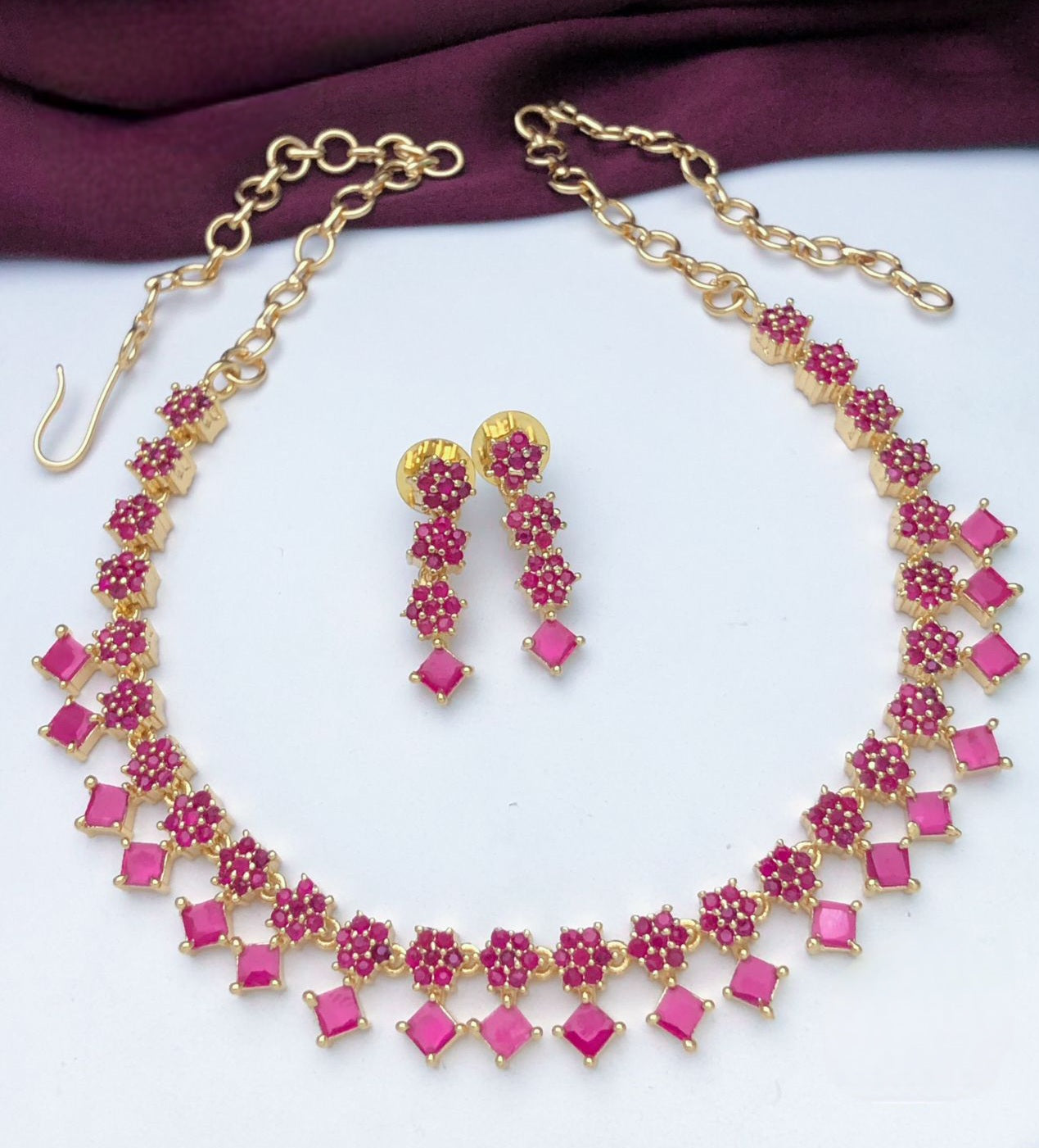 Gold Plated American Diamond Ruby Emerald small choker choker and Earrings | Trending Floral Designs CZ Crystal jewelry set | Gift for her