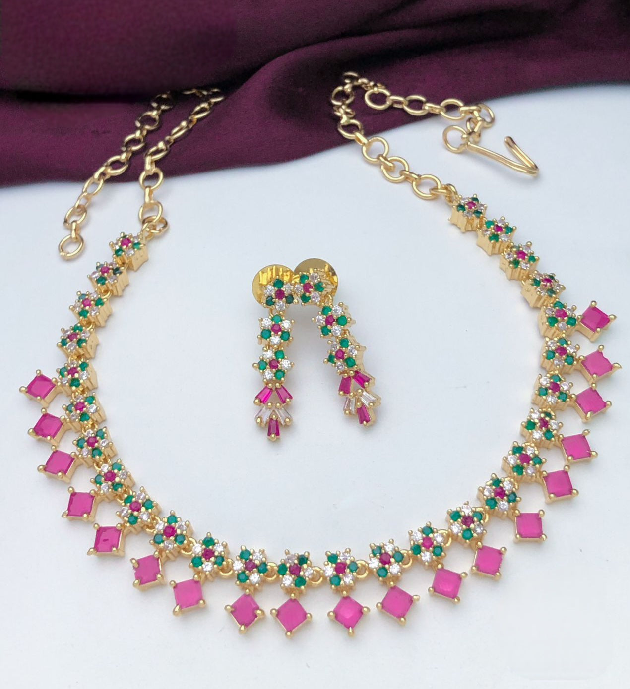 Gold Plated American Diamond Ruby Emerald small choker choker and Earrings | Trending Floral Designs CZ Crystal jewelry set | Gift for her