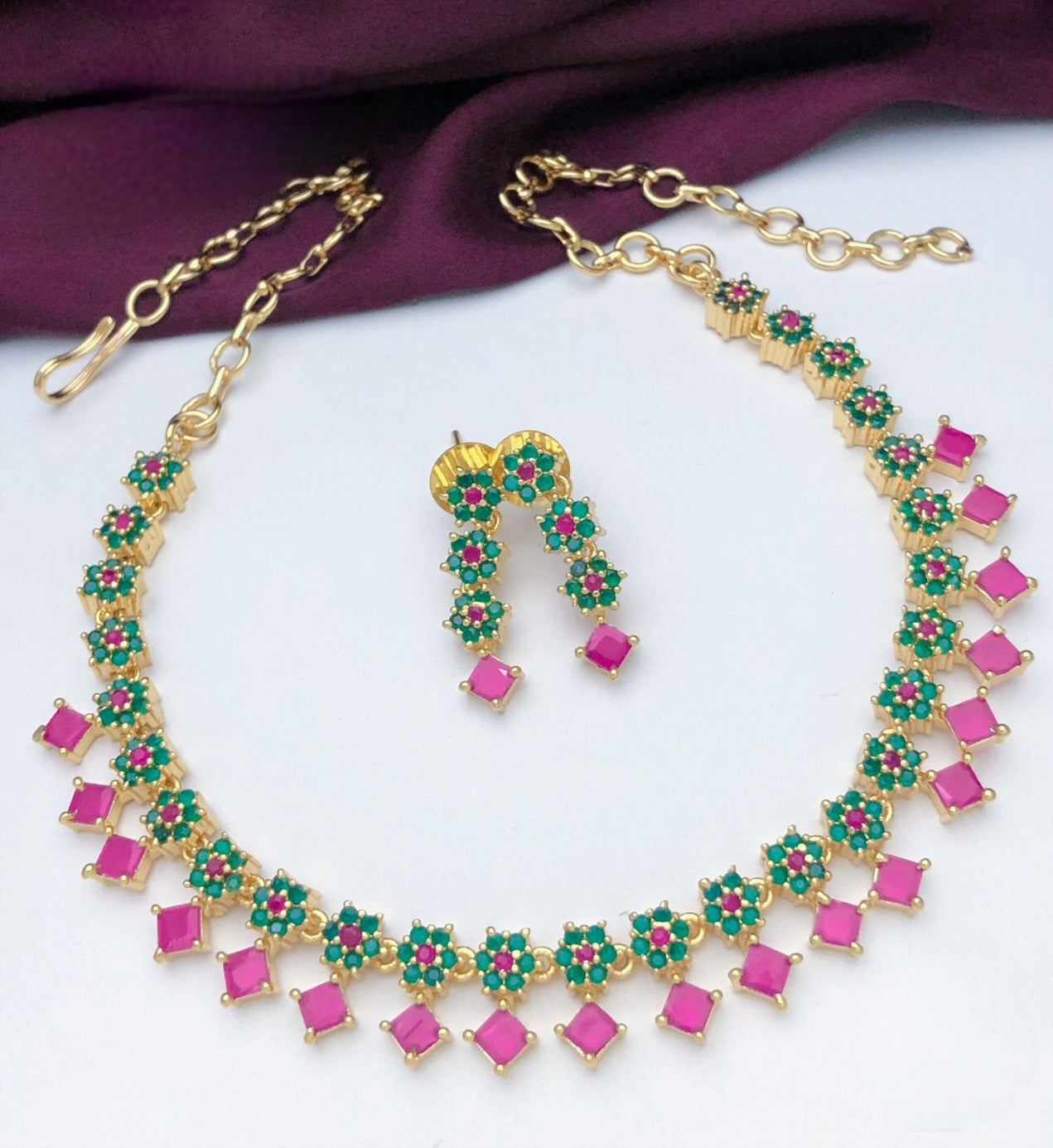 Gold Plated American Diamond Ruby Emerald small choker choker and Earrings | Trending Floral Designs CZ Crystal jewelry set | Gift for her