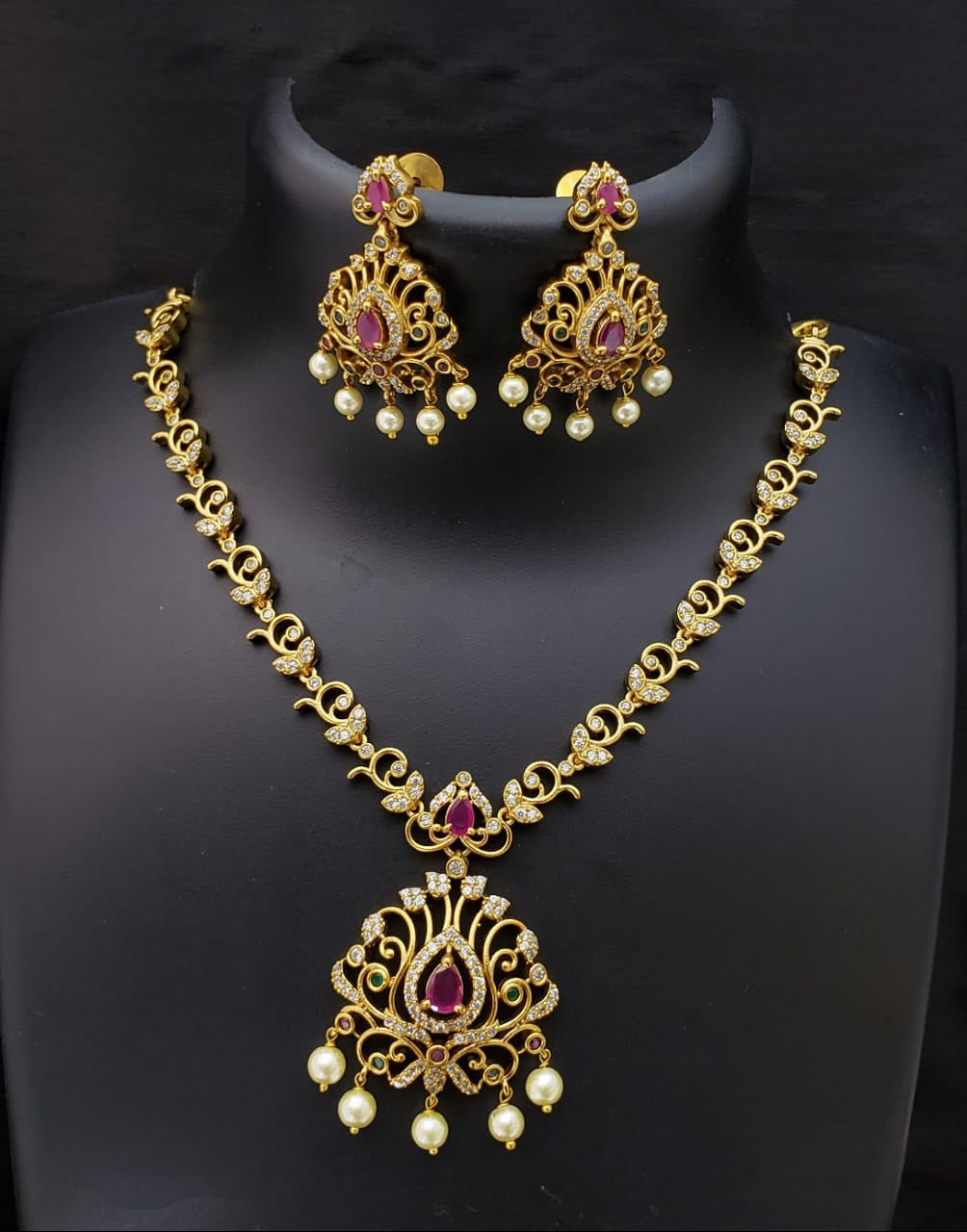 Matte gold American diamond Ruby stone South Indian Style necklace Pendant with pearl drops | Indian Wedding Jewelry | Temple jewelry design