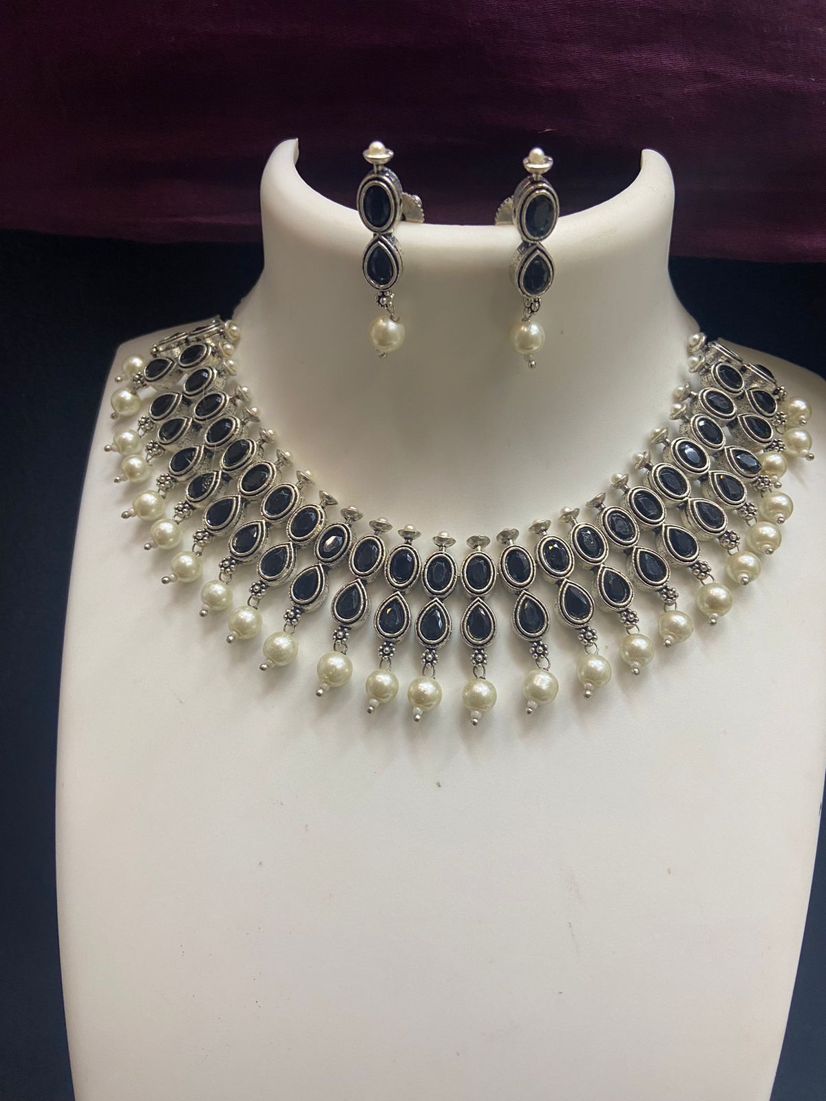 Oxidized German Silver Choker necklace set with stone work | Bollywood style Trend setting Antique silver tone Party wear statement jewelry