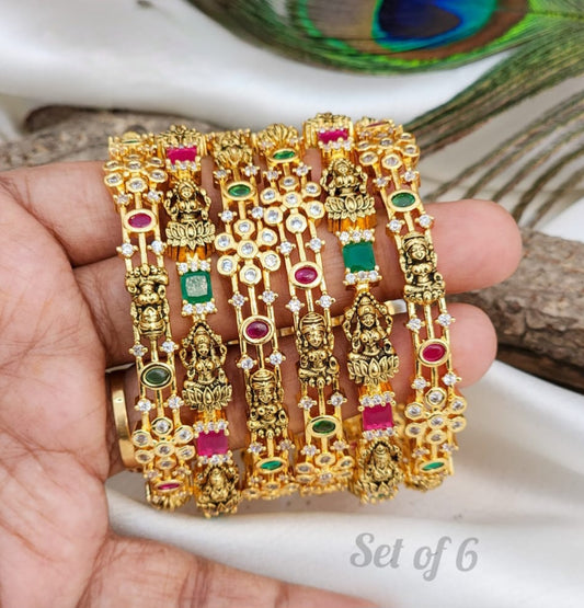 Indian bridal lakshmi bangles set of 6 |South Indian Temple jewelry bangle set with Kemp color stones Gold tone |Traditional Wedding Bangles