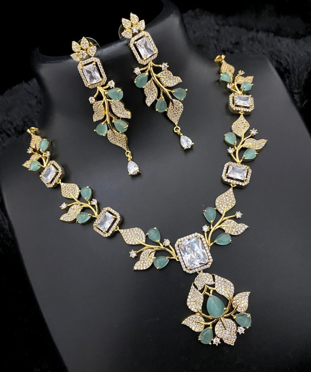 Unique Jewelry-Gold Plated American diamond flower & Leaf design necklace | Crystal necklace with Pear cut CZ Blue stones | Gift for Her