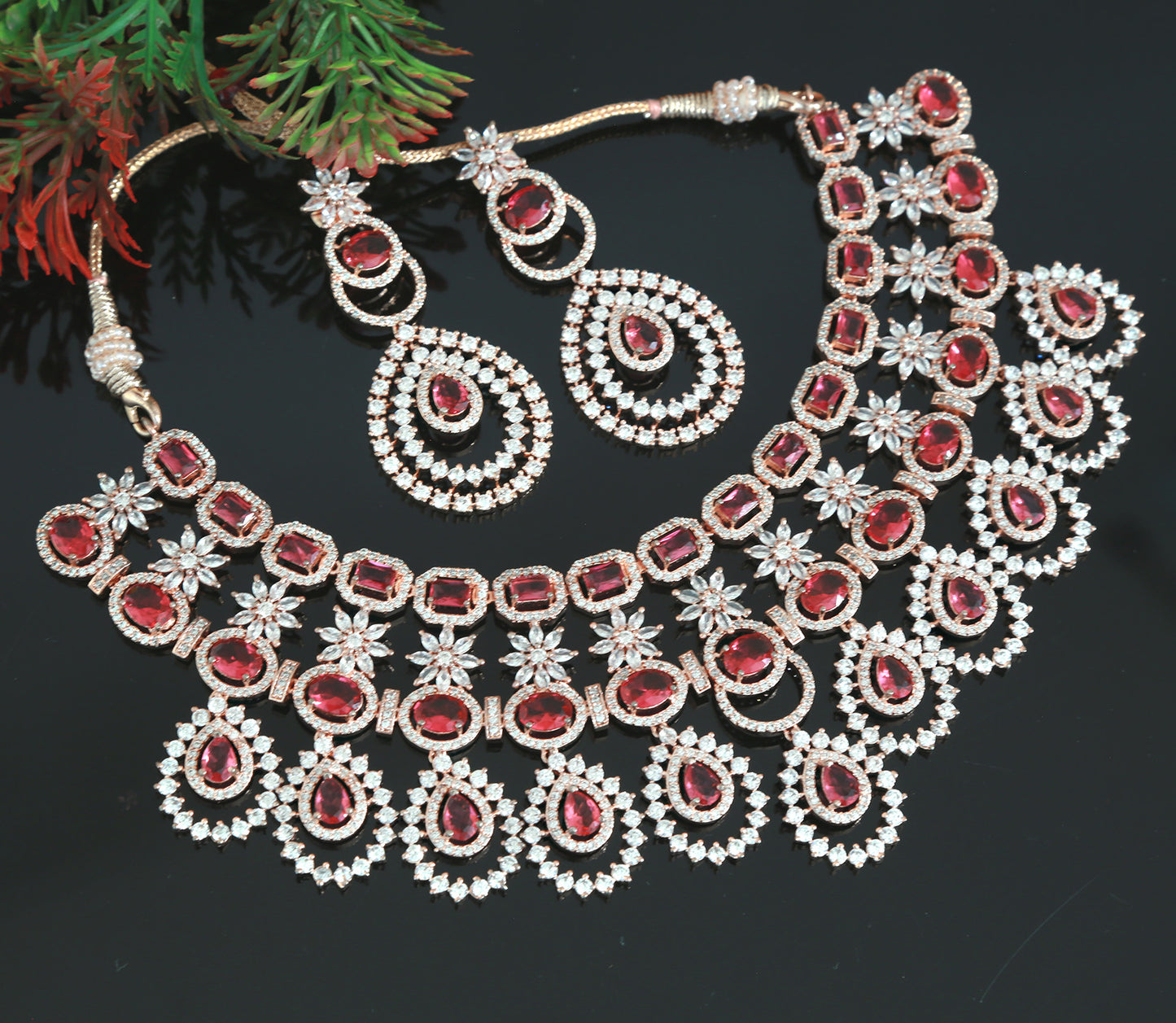Rose gold American Diamond Mint Green Wedding Choker necklace and Earring set | Indian Bollywood style CZ AD Bridal Necklace Jewelry Set