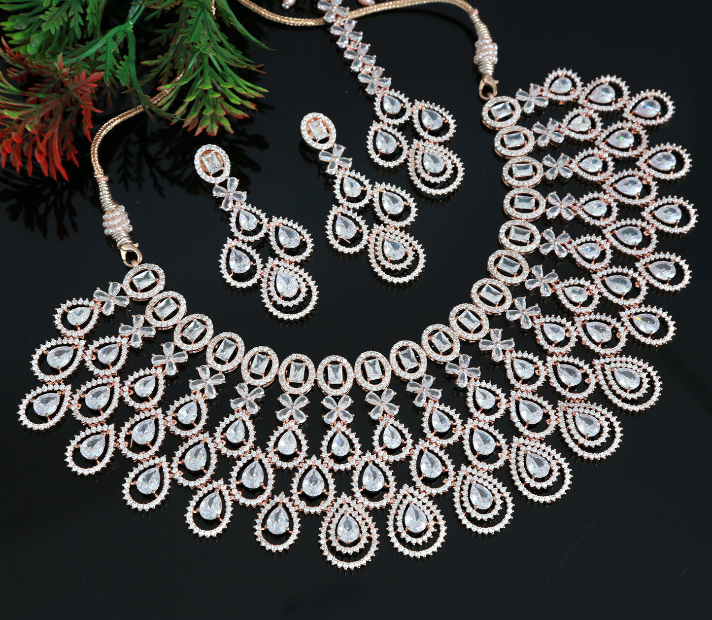 Rose gold American Diamond Mint Green Wedding Choker necklace with Maang tikka | Indian Bollywood style CZ Necklace and Tikka Jewelry Set
