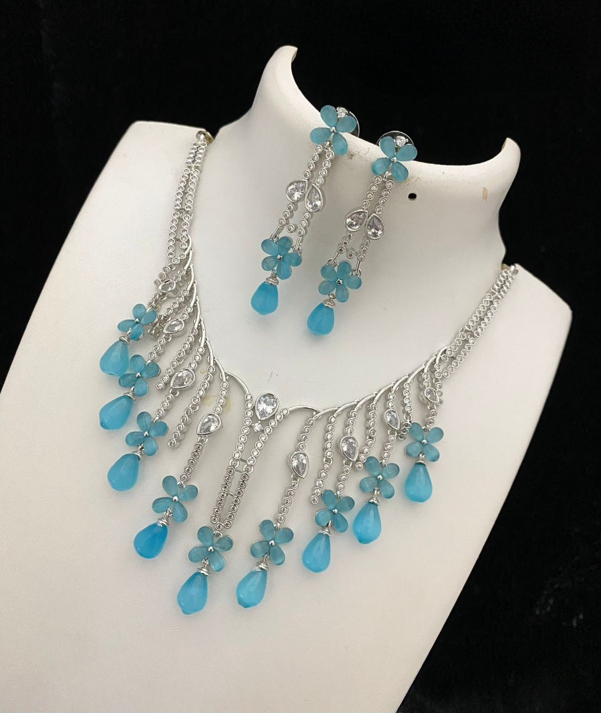 Rhodium-Silver tone American Diamond choker necklace with Dangling Color Beads | Crystal jewelry set | Indian Bollywood Jewelry|Gift for her