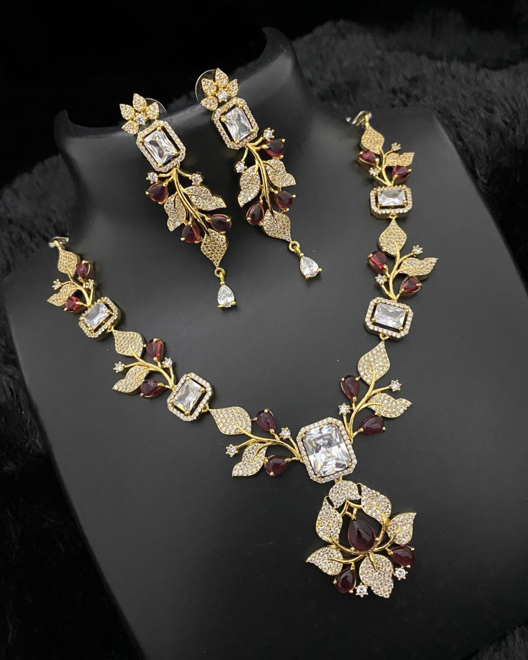 Unique Jewelry-Gold Plated American diamond flower & Leaf design necklace | Crystal necklace with Pear cut CZ Blue stones | Gift for Her