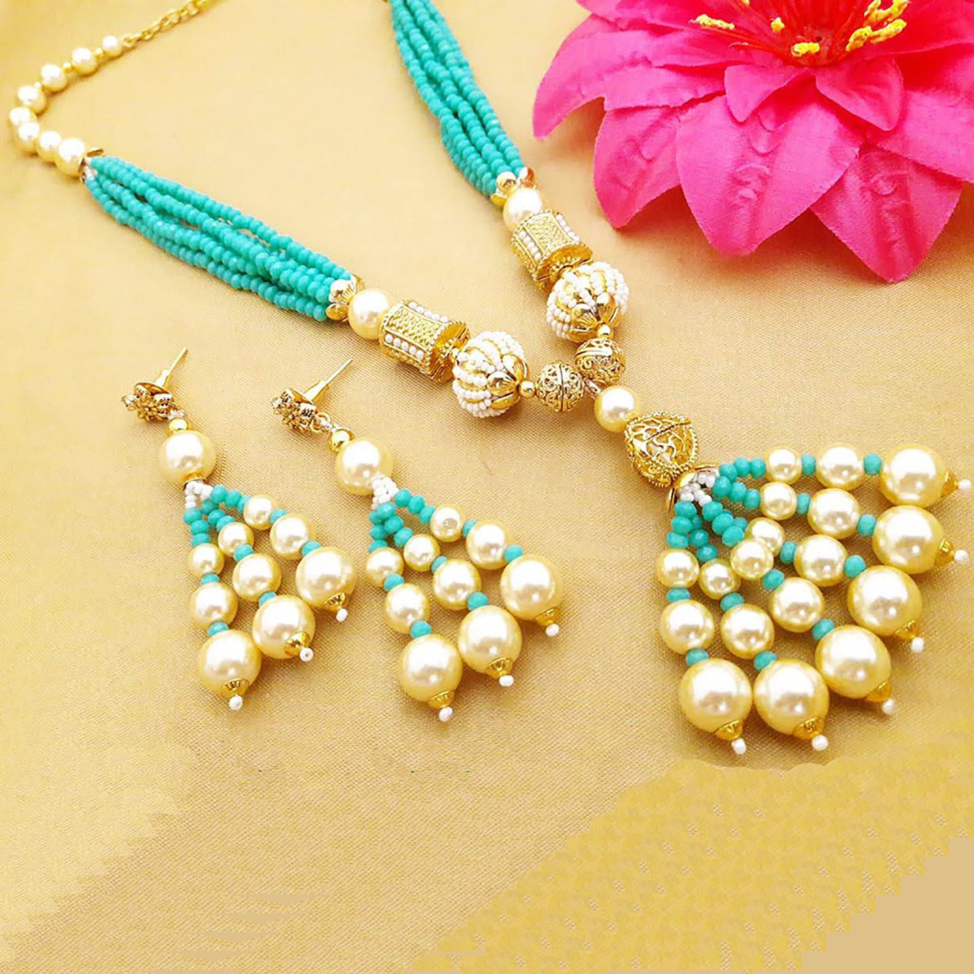 Elegant Turquoise Green Beads Gold tone Necklace Set|Luxury Beaded Necklace & Earring| Royal Blue Beaded and Pearl Jewelry Set|Gift for her