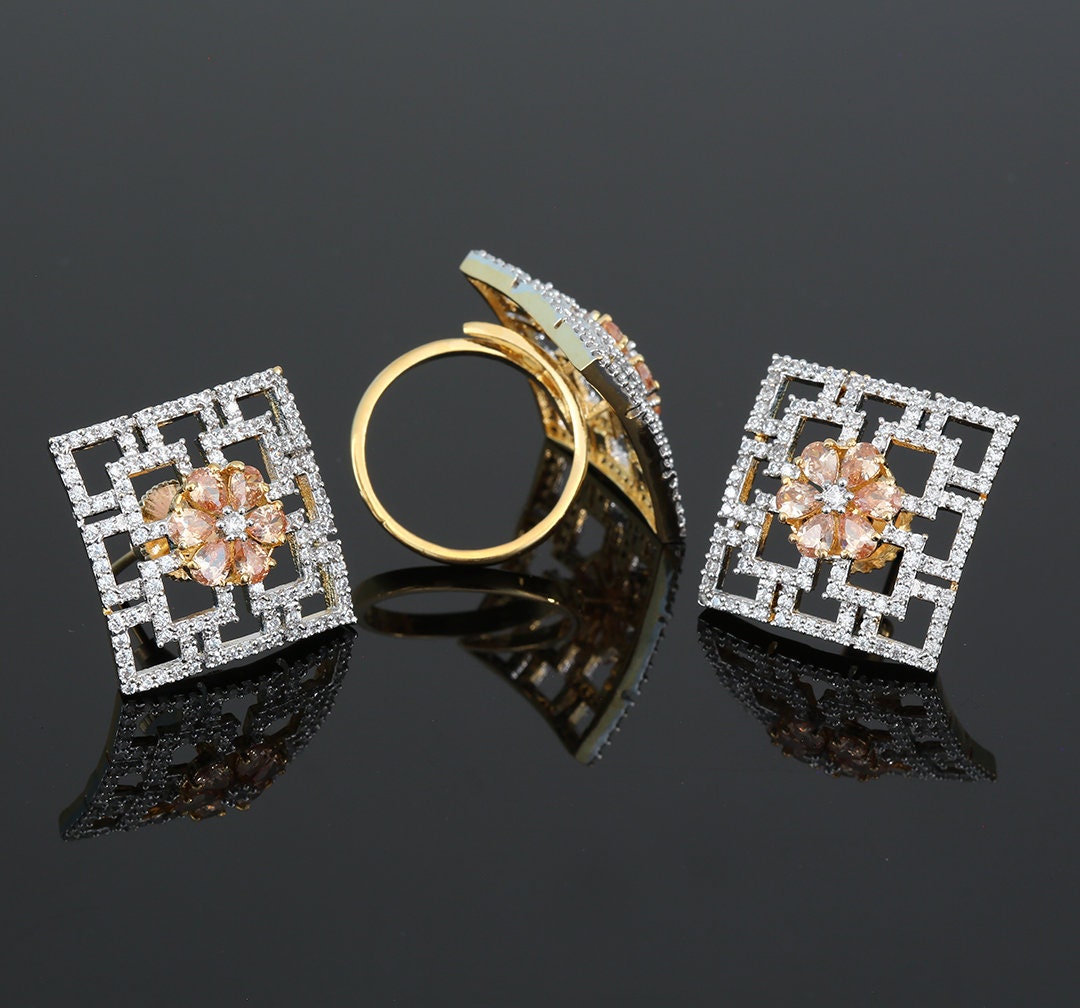 3 Piece Topaz Stone CZ Simulated Diamond Crystal Stud earrings and Adjustable Finger Ring