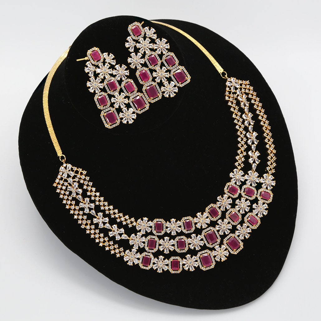 American Diamond Multi-Layer Necklace and Earrings set with CZ Topaz/Ruby Stones| Statement Wedding Necklace| Indian Jewelry| Gift for her